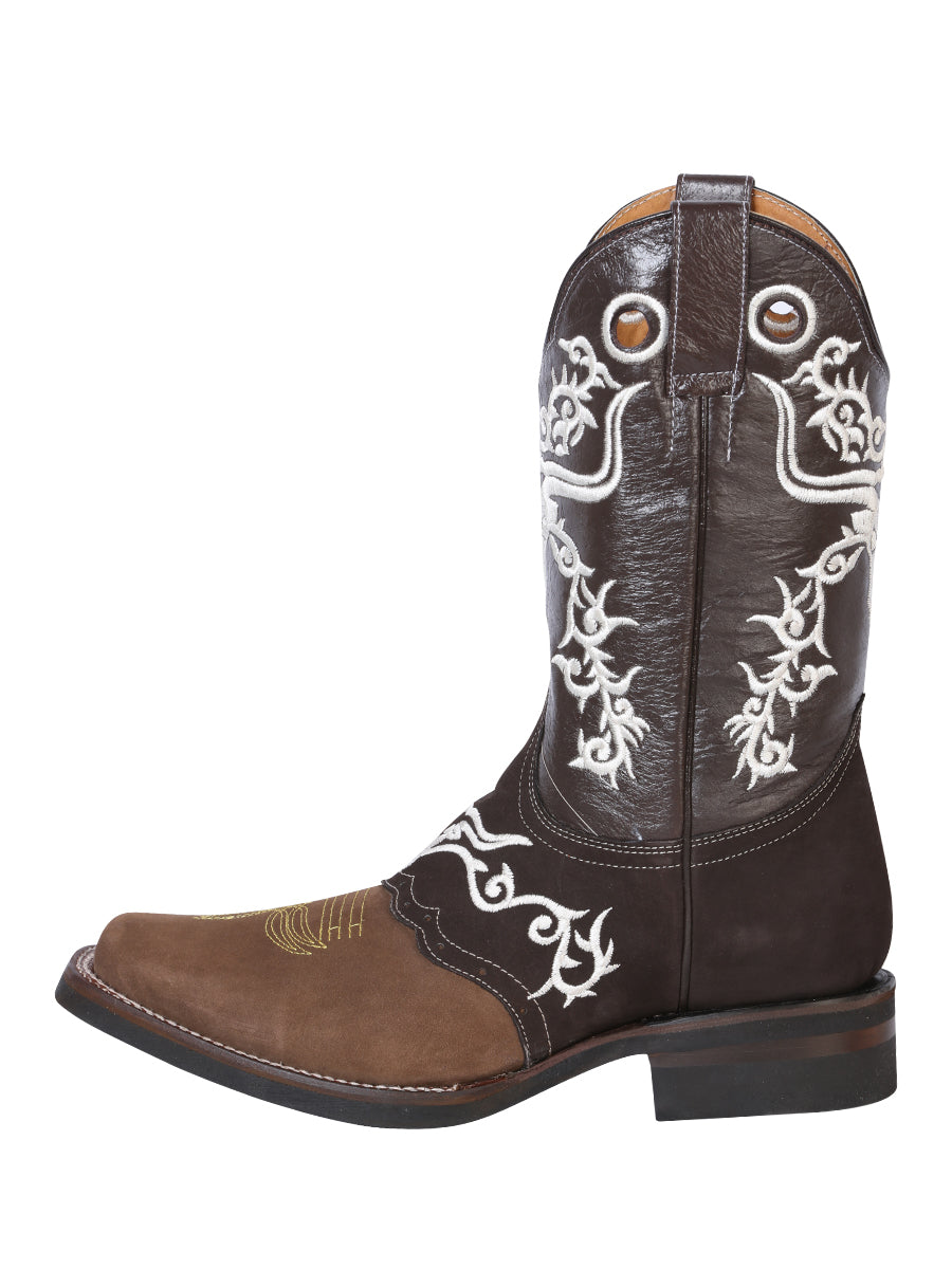 El General Men’s Leather Cowboy Boot – Brown/Dark Brown w Embroidery – Style 34311