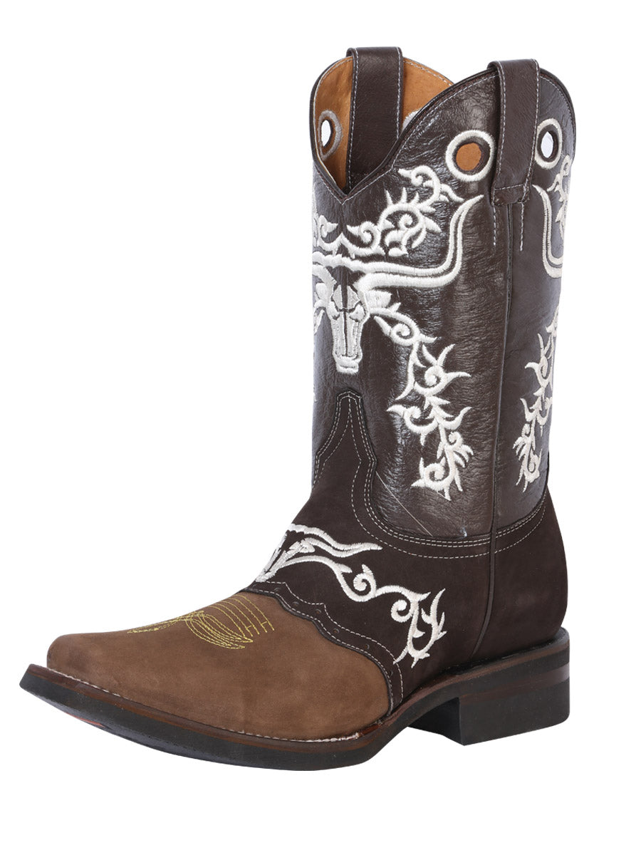 El General Men’s Leather Cowboy Boot – Brown/Dark Brown w Embroidery – Style 34311