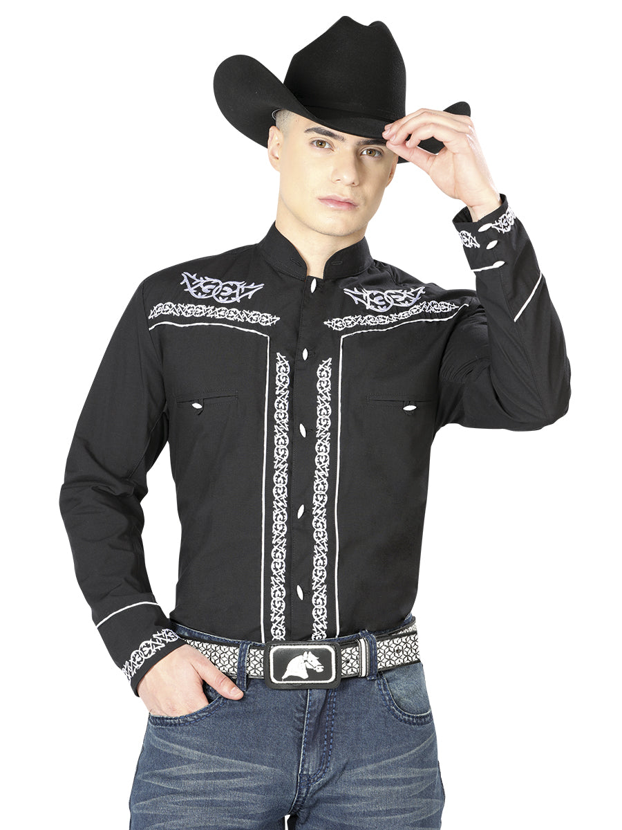 El Señor de los Cielos Men’s Charro Embroidery Shirt – Black/White – Style 40782