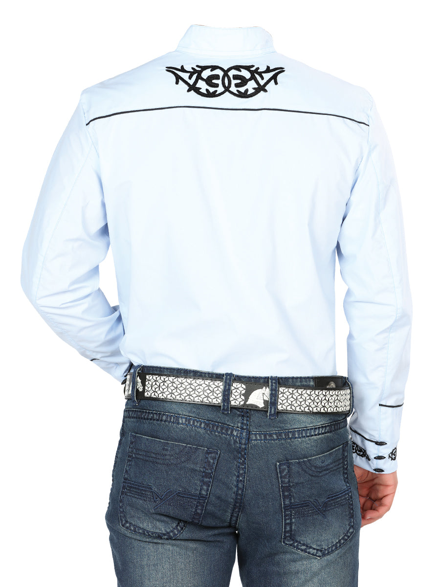 El Señor de los Cielos Men’s Charro Embroidered Shirt – Blue/Black – Style 40785