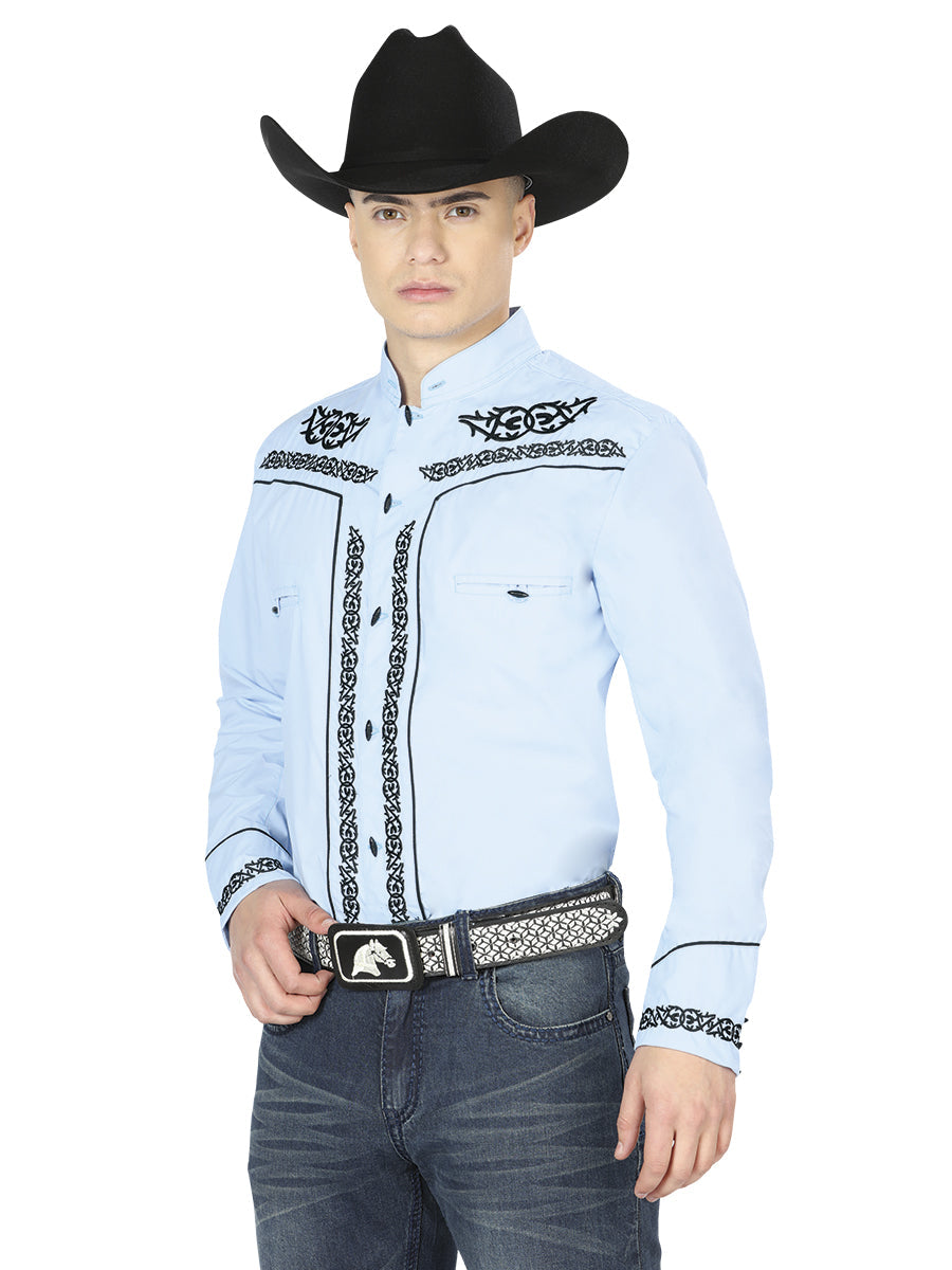El Señor de los Cielos Men’s Charro Embroidered Shirt – Blue/Black – Style 40785