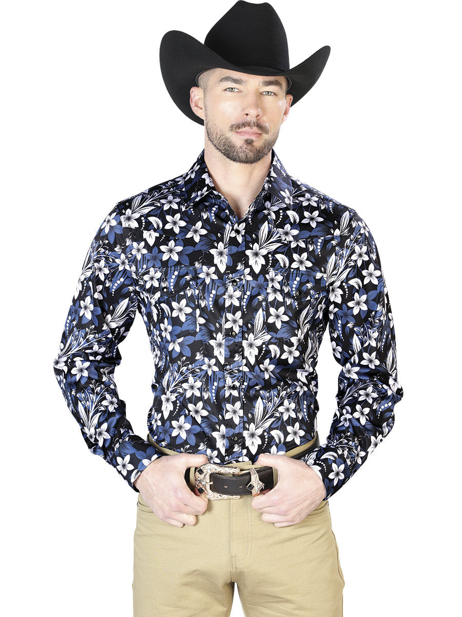 Blue Flower Casual Long Sleeve Shirt 43954