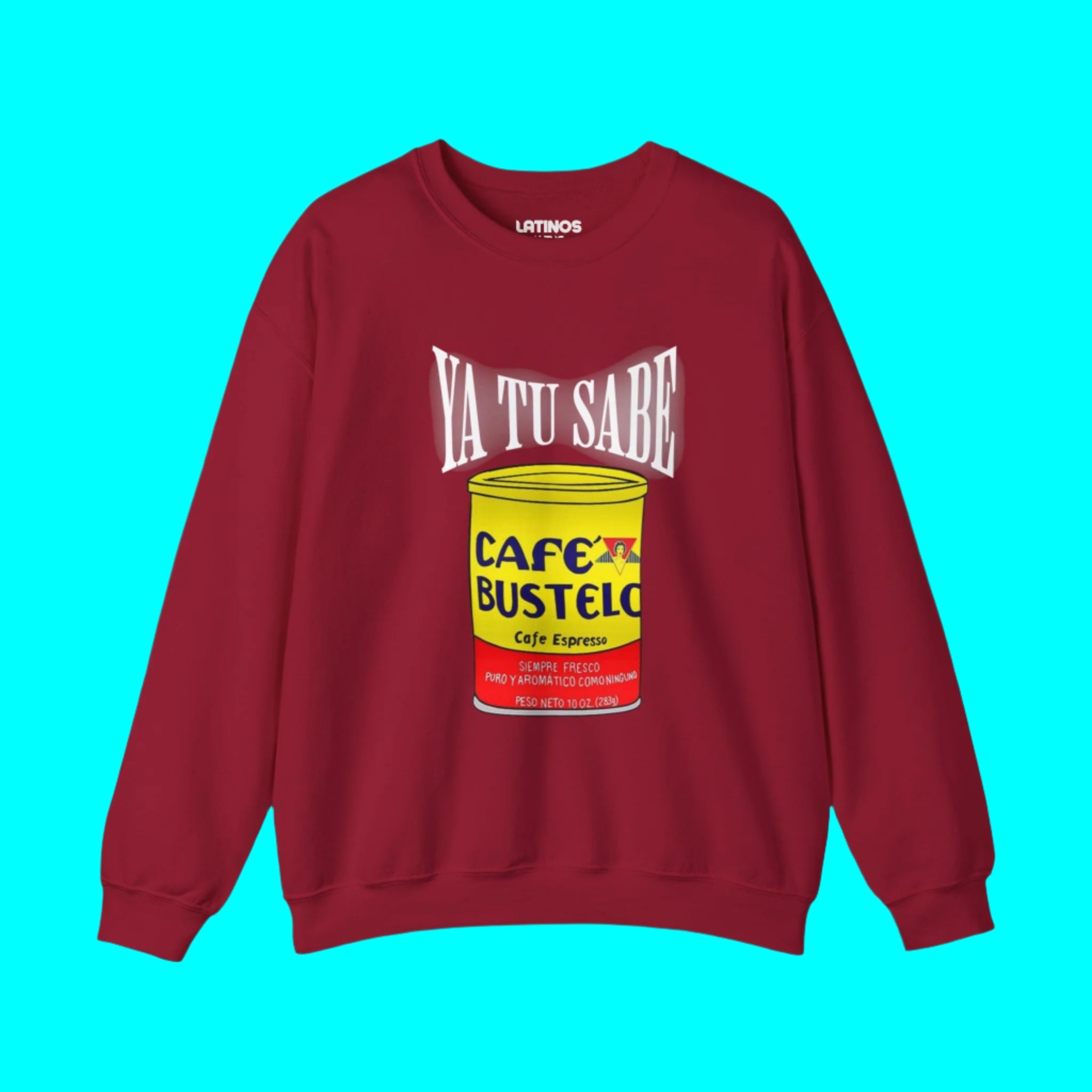 Sudadera con cuello redondo y forro polar animado "Ya Tu Sabe Cafecito Cafe Bustelo" | Camisetas virales divertidas de orgullo latino | 3 colores