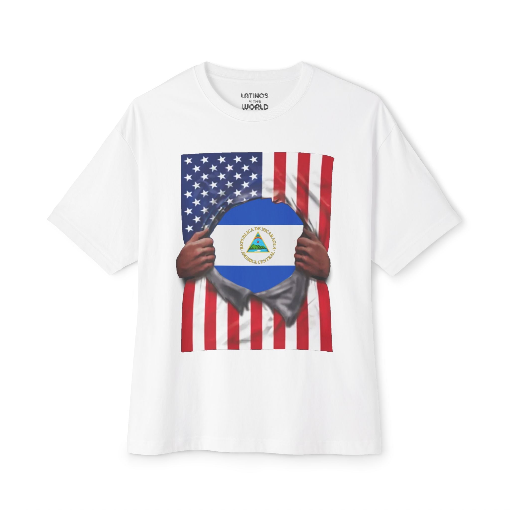 Bandera de Nicaragua + Bandera de EE. UU. Camiseta del Orgullo | Bandera de Nicaragua + Americana Rasgada 4 de julio | Divertidas Camisetas Virales Latinas | Unisex - 4 Colores