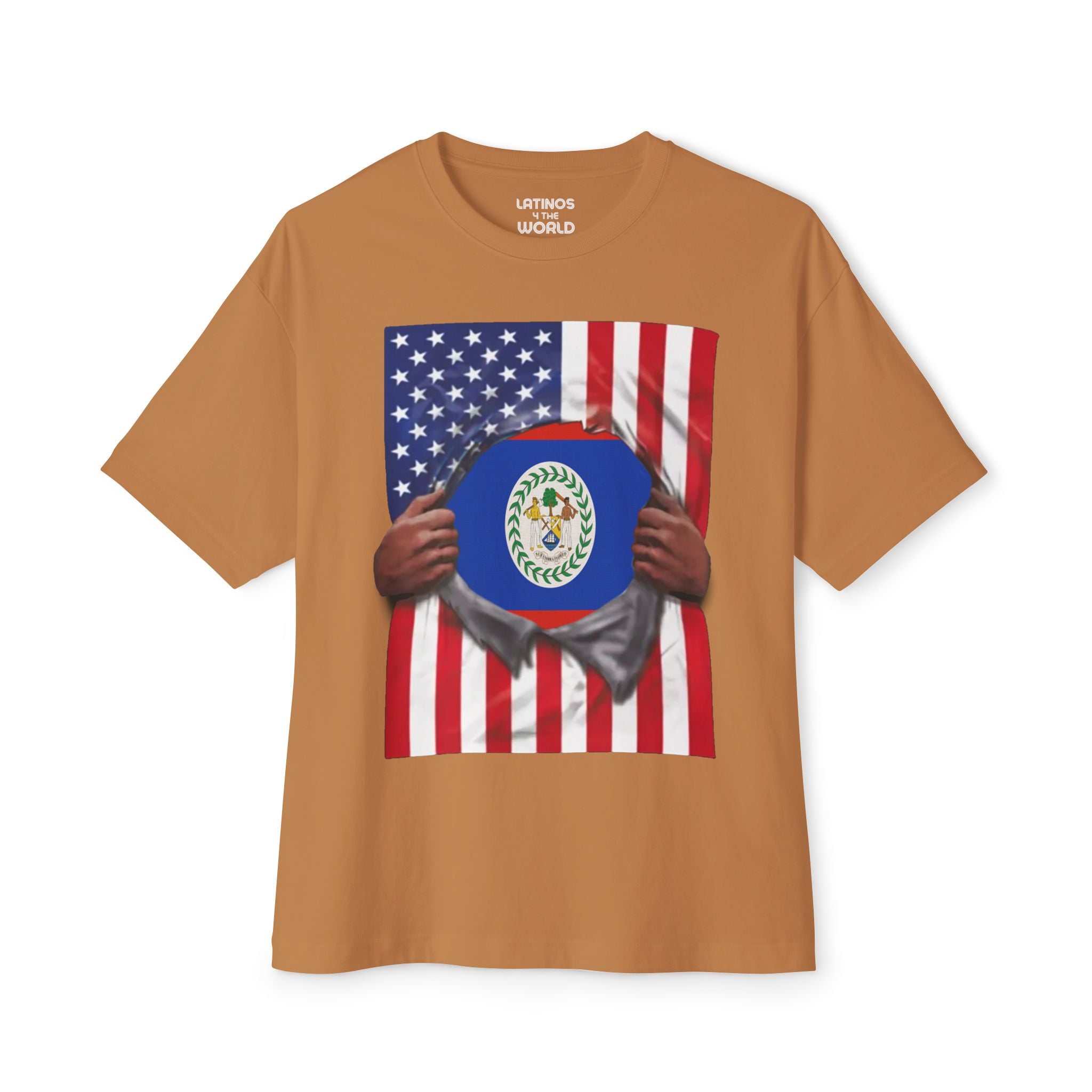 Camiseta del Orgullo de las Banderas de Belice y EE. UU. | Bandera de Belice + Bandera de EE. UU. Rasgada 4 de Julio | Camisetas Divertidas y Virales Latinas | Unisex - 4 Colores