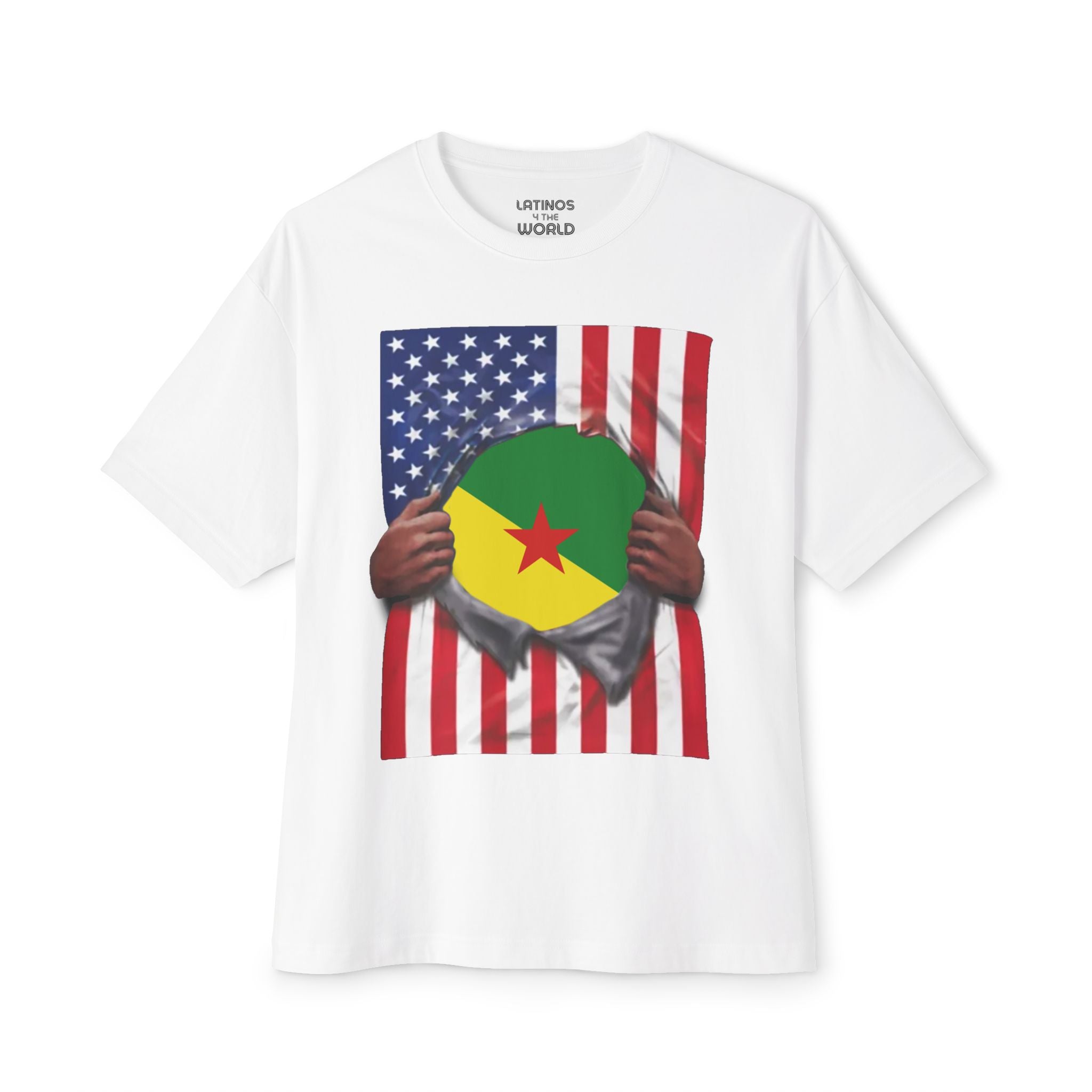 Camiseta de la Guayana Francesa y la bandera de Estados Unidos | Guayana Francesa y bandera estadounidense rasgada 4 de julio | Camisetas latinas divertidas | 4 colores