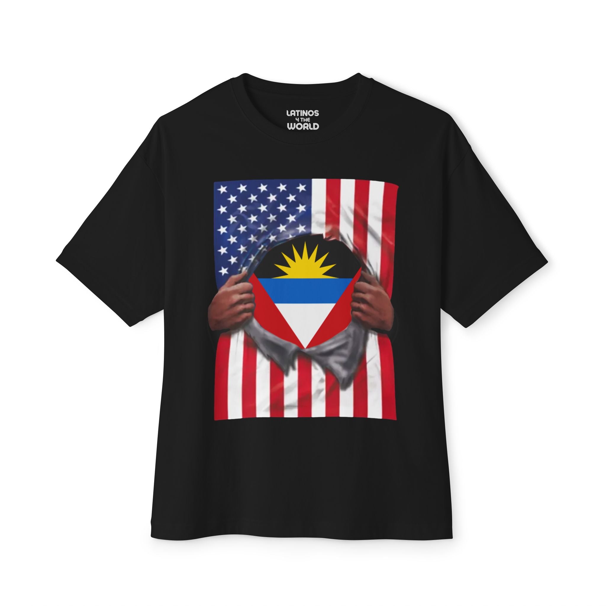 Camiseta de la bandera de Antigua y Barbuda | Bandera de Antigua + Estadounidense Rasgada 4 de julio | Camisetas divertidas para latinos | 4 Colores