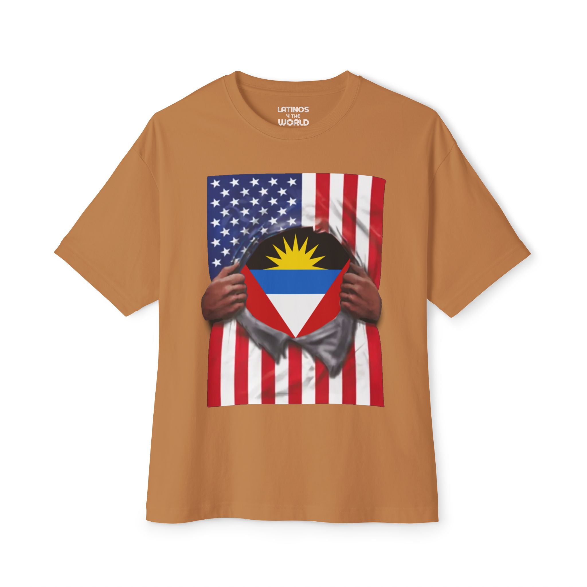 Camiseta de la bandera de Antigua y Barbuda | Bandera de Antigua + Estadounidense Rasgada 4 de julio | Camisetas divertidas para latinos | 4 Colores