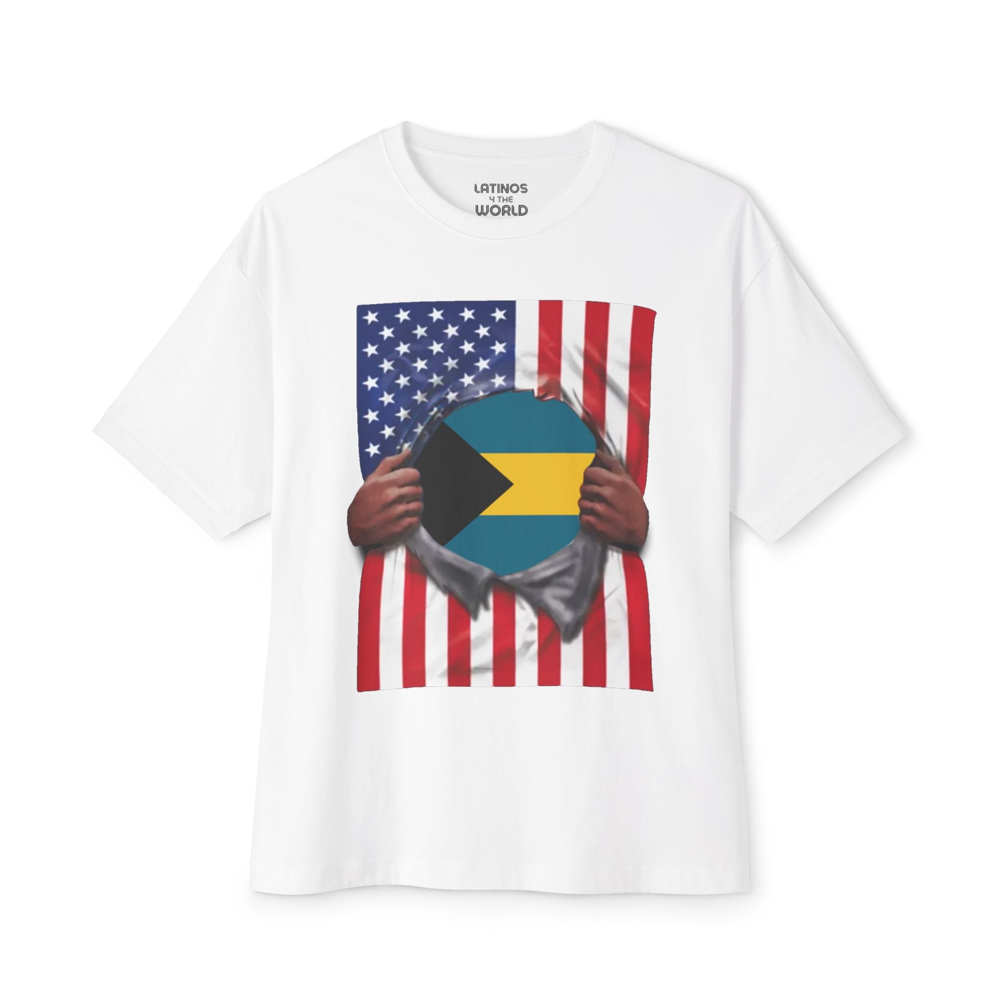 Camiseta Bandera de Bahamas + EE. UU. | Bandera de Bahamas + EE. UU. rasgada 4 de Julio | Camisetas Latinas Divertidas | 4 Colores