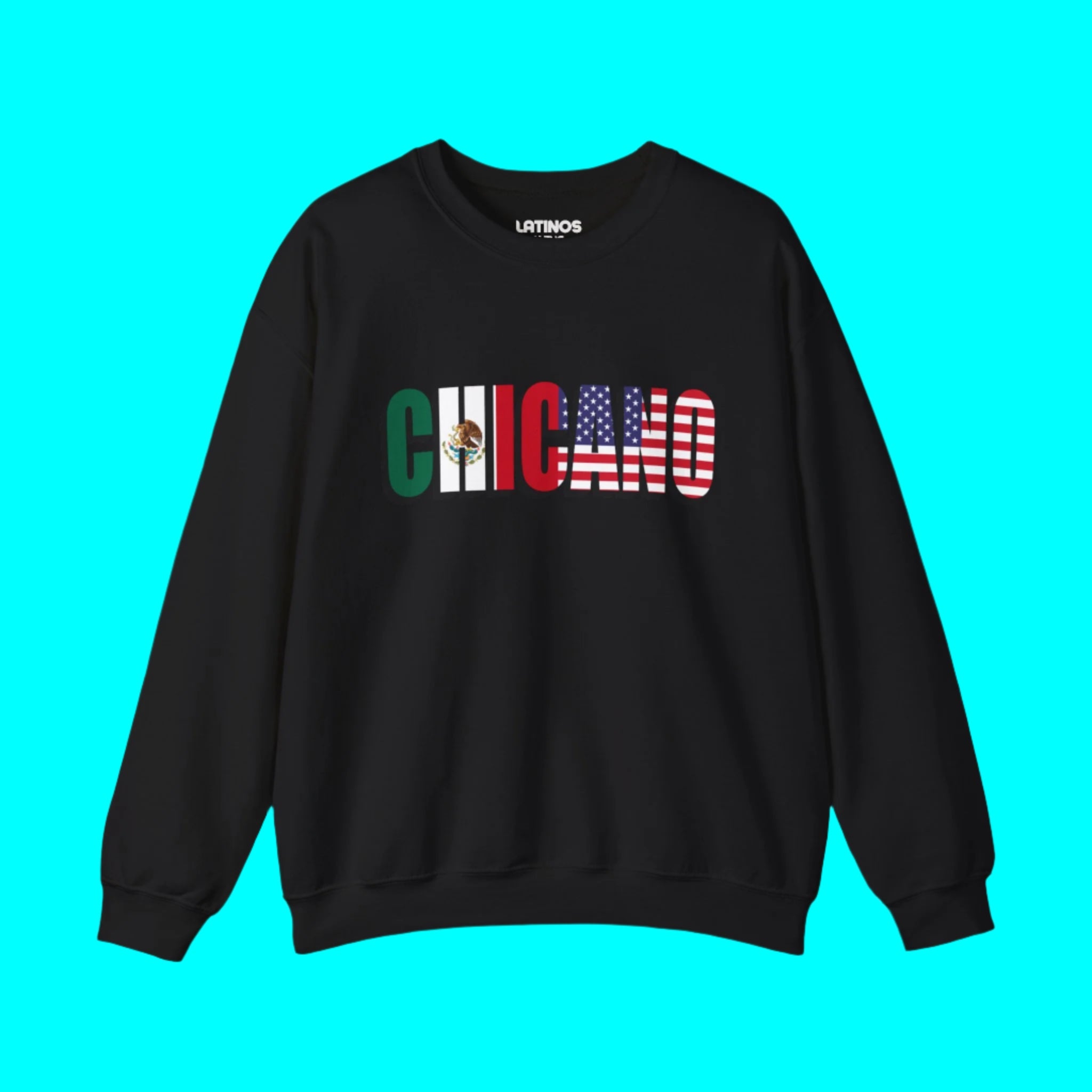 Suéter con cuello redondo y forro polar con la bandera de CHICANO México y EE. UU. | 4 de Julio | Latino viral divertido