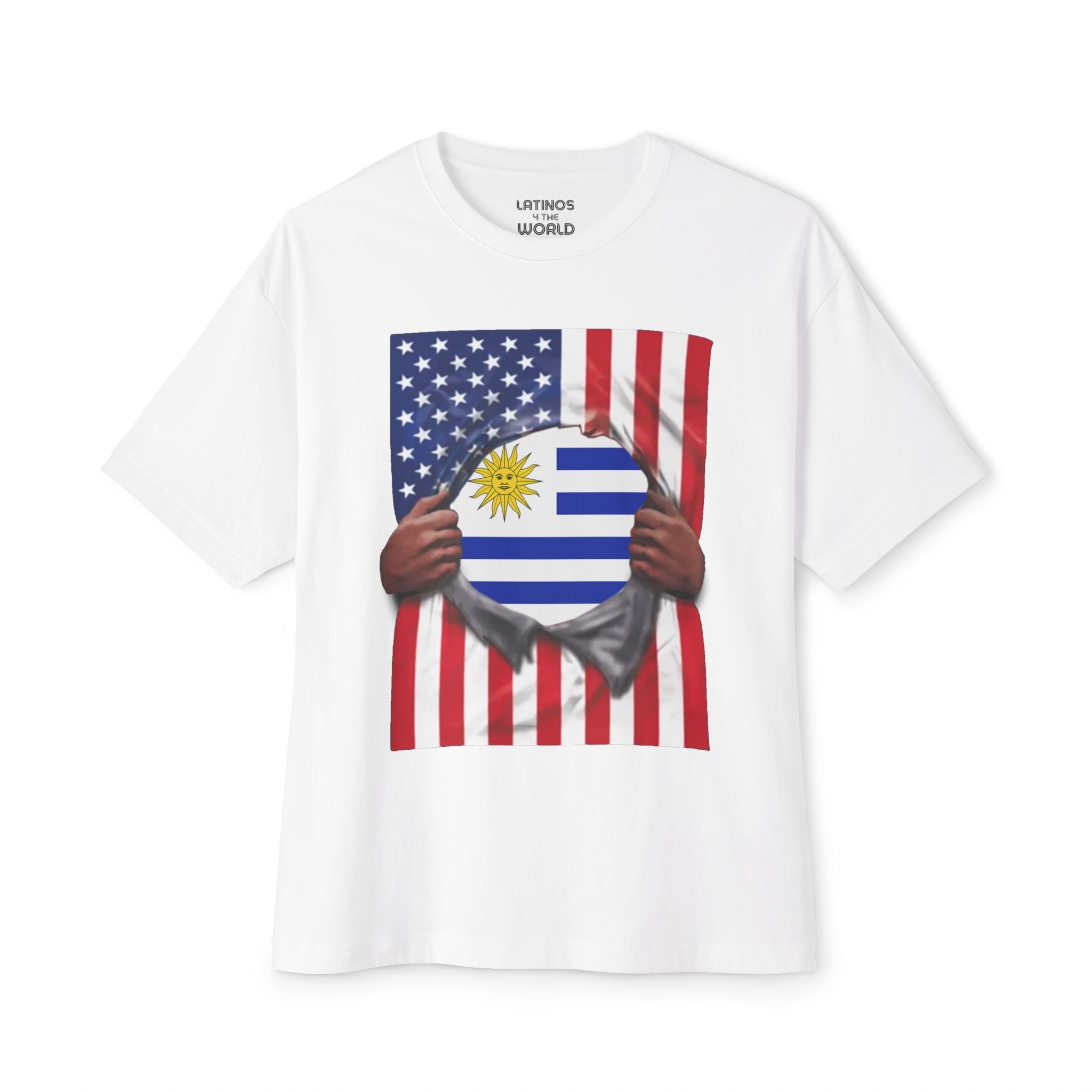 Camiseta con la bandera de Uruguay + bandera de EE. UU. | Desgarro de la bandera uruguaya + estadounidense para el 4 de julio | Camisetas latinas virales y divertidas | Unisex - 4 colores