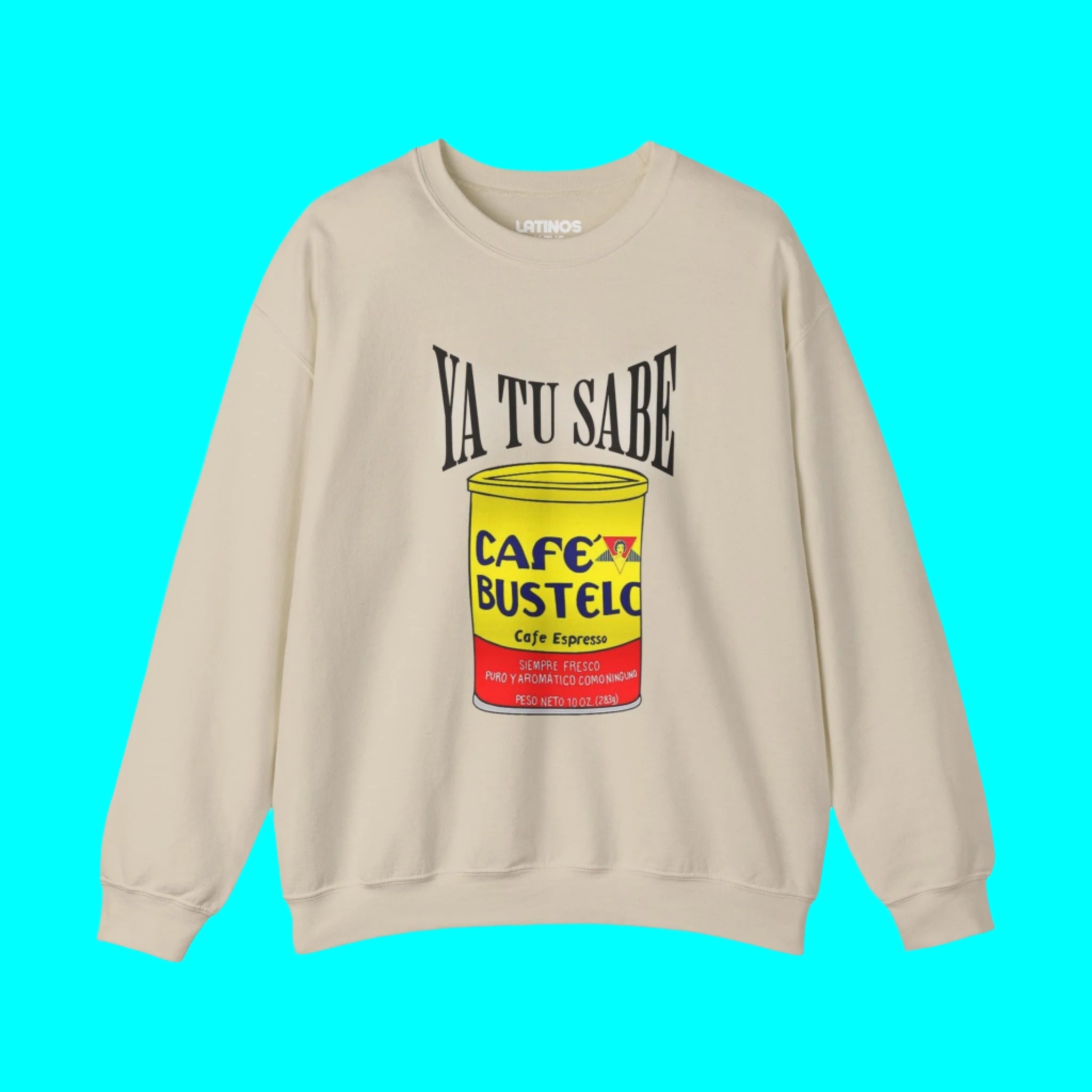 Sudadera con cuello redondo y forro polar animado "Ya Tu Sabe Cafecito Cafe Bustelo" | Camisetas virales divertidas de orgullo latino | 3 colores
