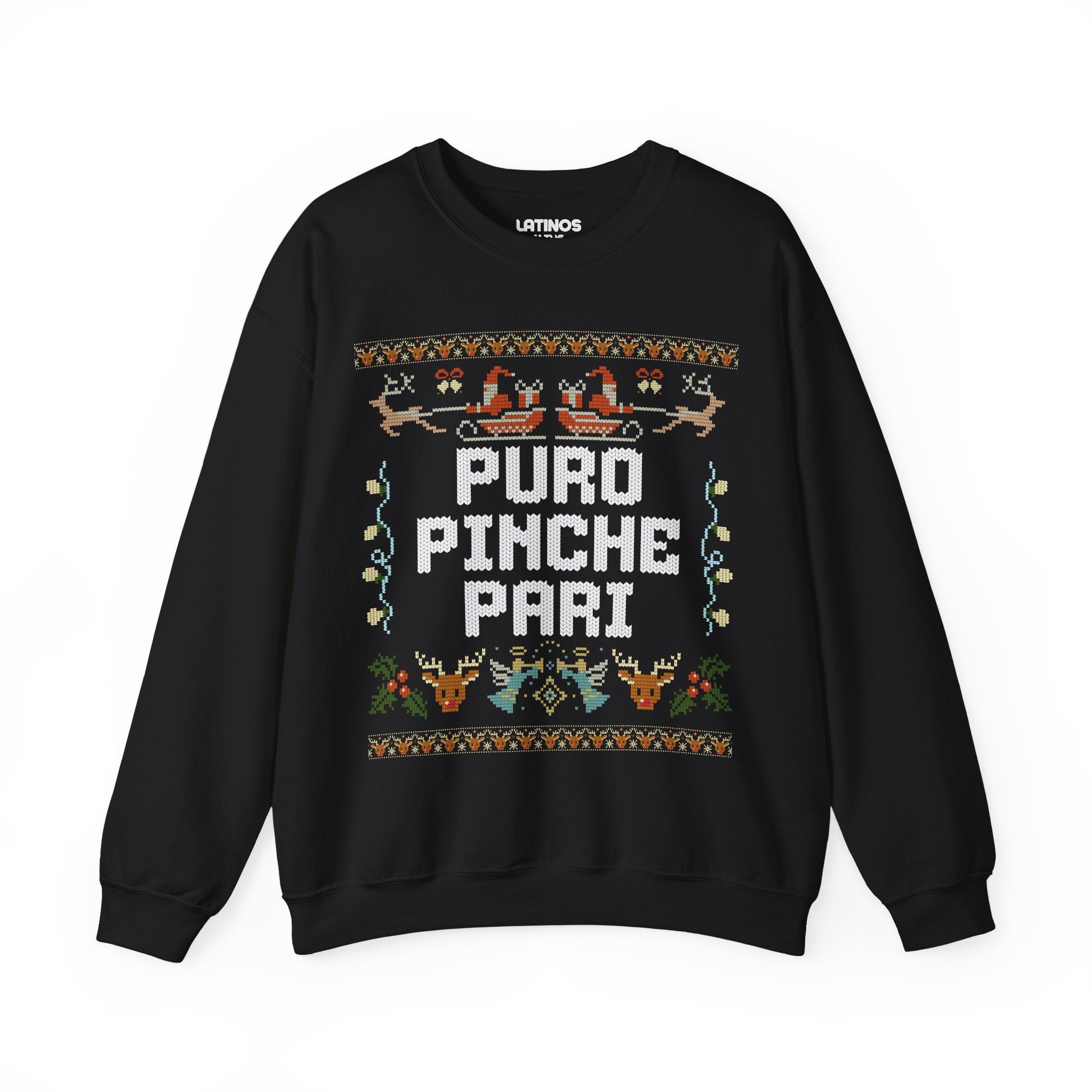 Sudadera navideña fea de Puro Pinche Pari Chingo Latino | Divertida y brillante | 3 colores