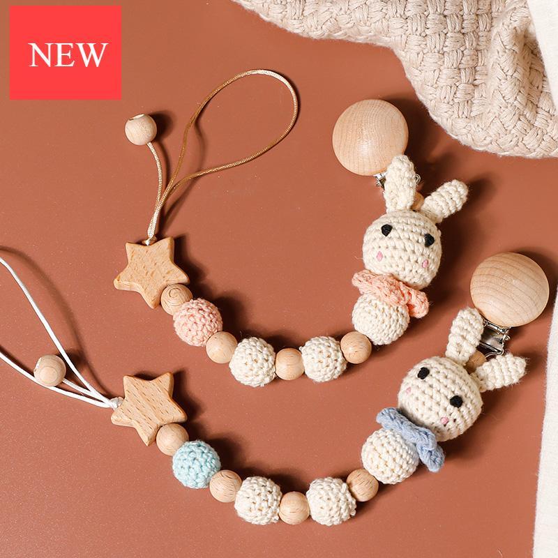 Modern Handmade Pacifier Chain Baby Teething Chains Crochet Rabbit Panda Beads Wooden Clips Wood Tiny Rod For Kids