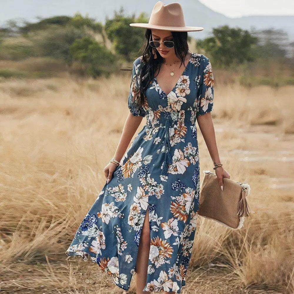Fashion Casual Loose Party Short Sleeve Maxi Split Dress - Summer Dresses for Women