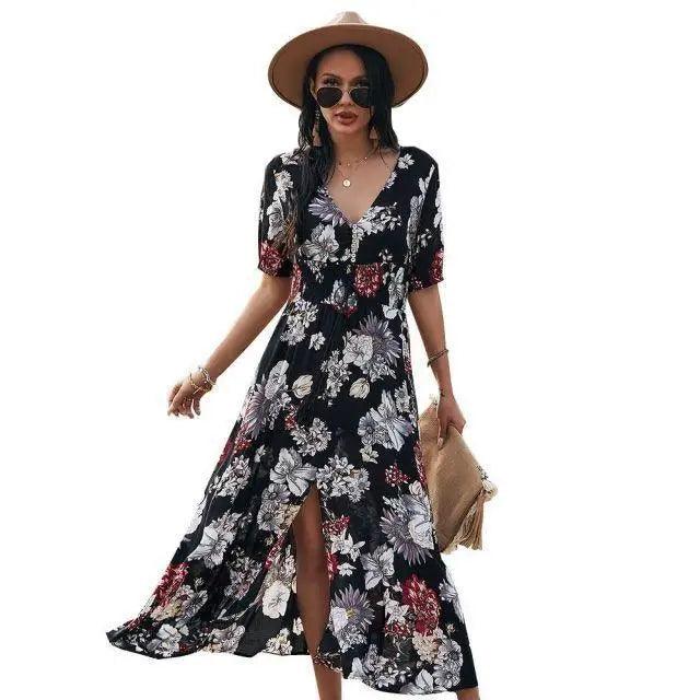 Fashion Casual Loose Party Short Sleeve Maxi Split Dress - Summer Dresses for Women