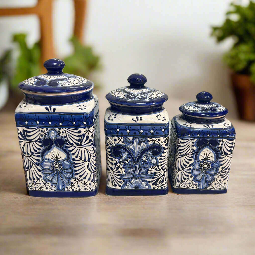 Juego de botes de Talavera azul | Tarros de cerámica mexicana hechos a mano