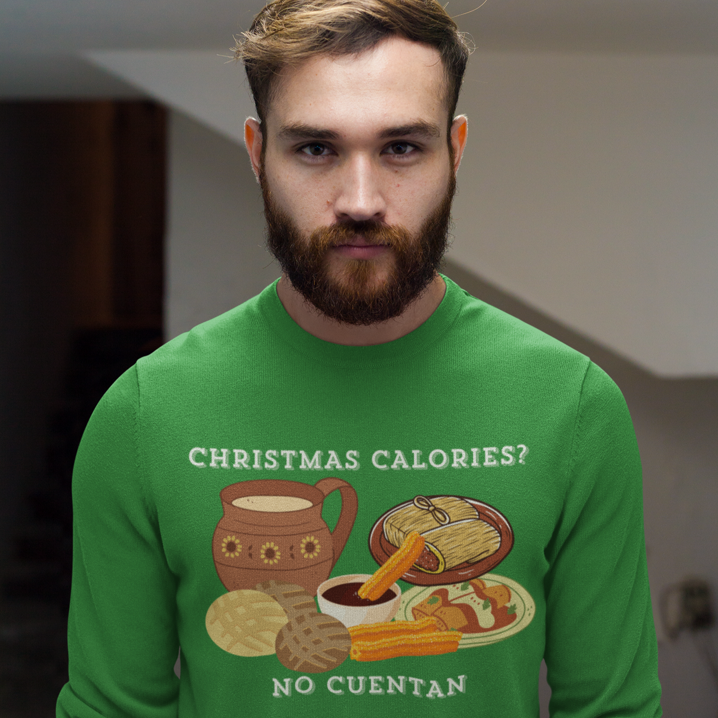 Sudadera cómoda de cuello redondo "Las calorías de Navidad no cuentan" | Fiesta Latina | 3 colores