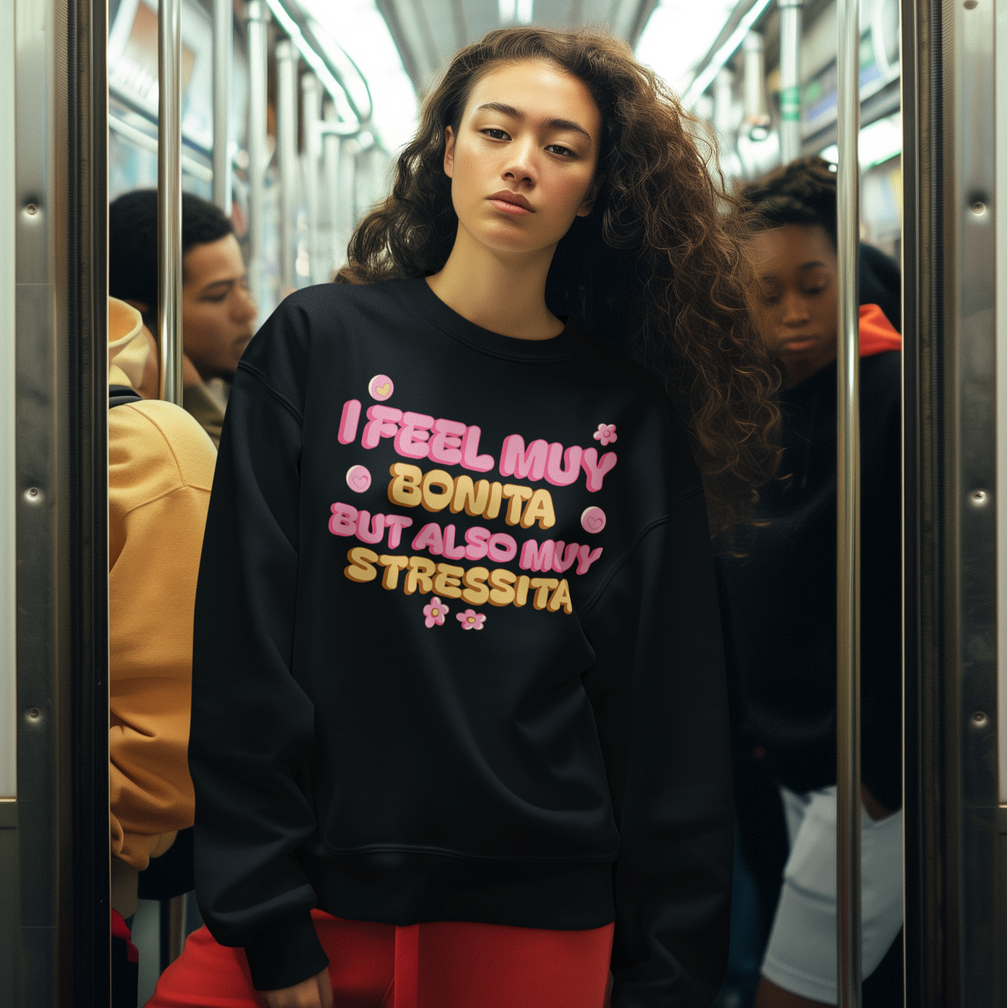 Sudadera cómoda latina "I Feel Muy Bonita But Also Muy Stressita" | Refranes latinos divertidos para chicas | 3 colores