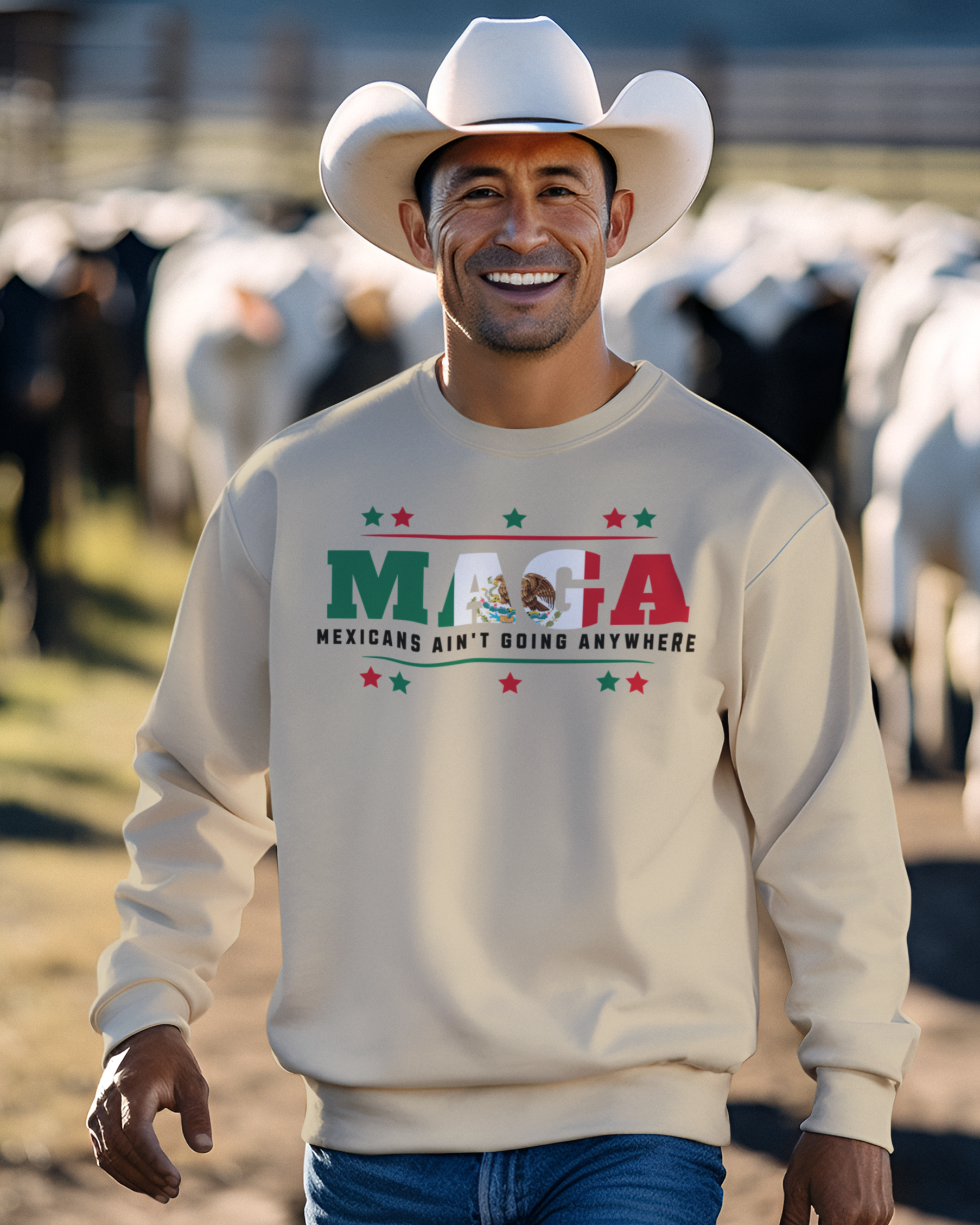 Sudadera de cuello redondo con forro polar "Mexicans Ain't Going Anywhere" V1 | Camisetas virales divertidas de orgullo latino | 3 colores