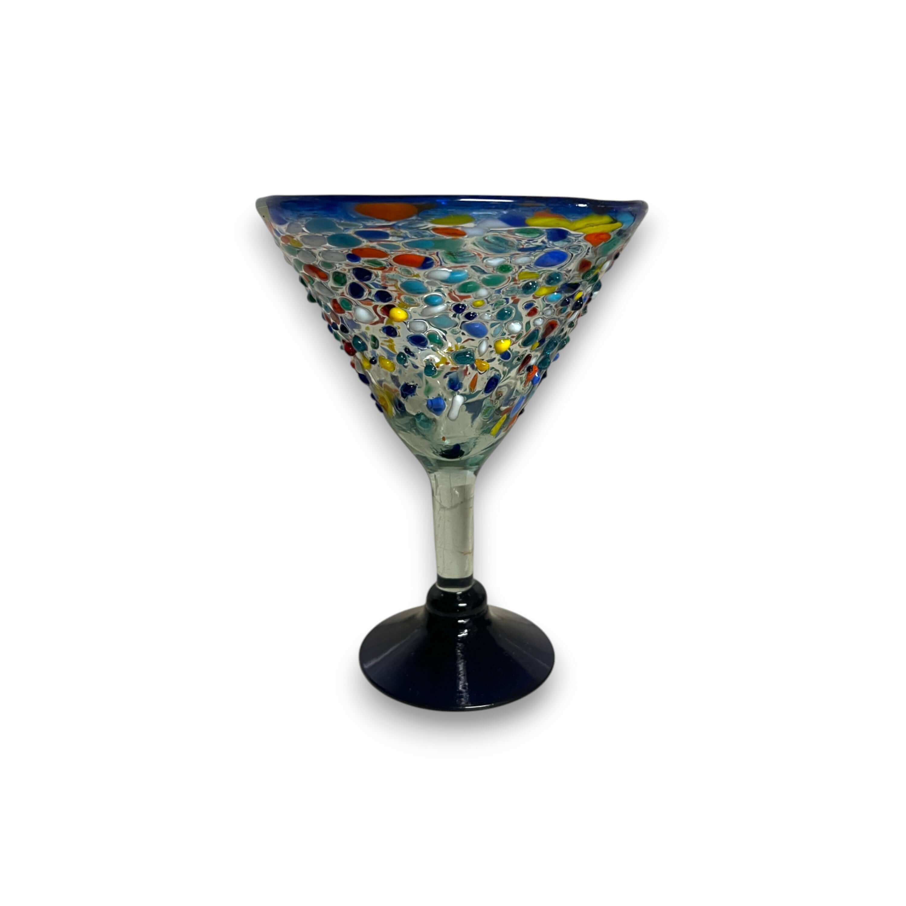 Copa de Martini de Roca con Confeti y Borde Azul | Cristalería Mexicana Soplada a Mano