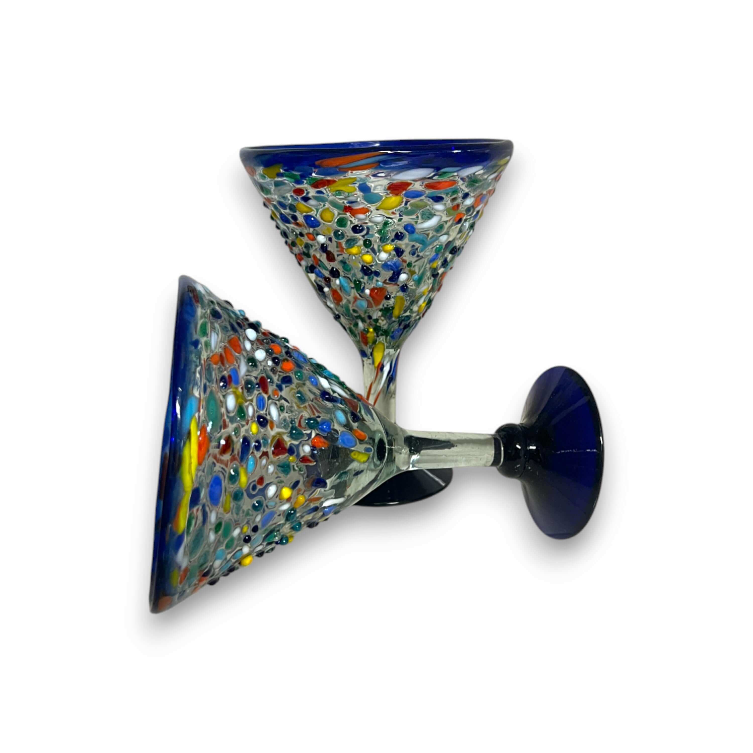Copa de Martini de Roca con Confeti y Borde Azul | Cristalería Mexicana Soplada a Mano