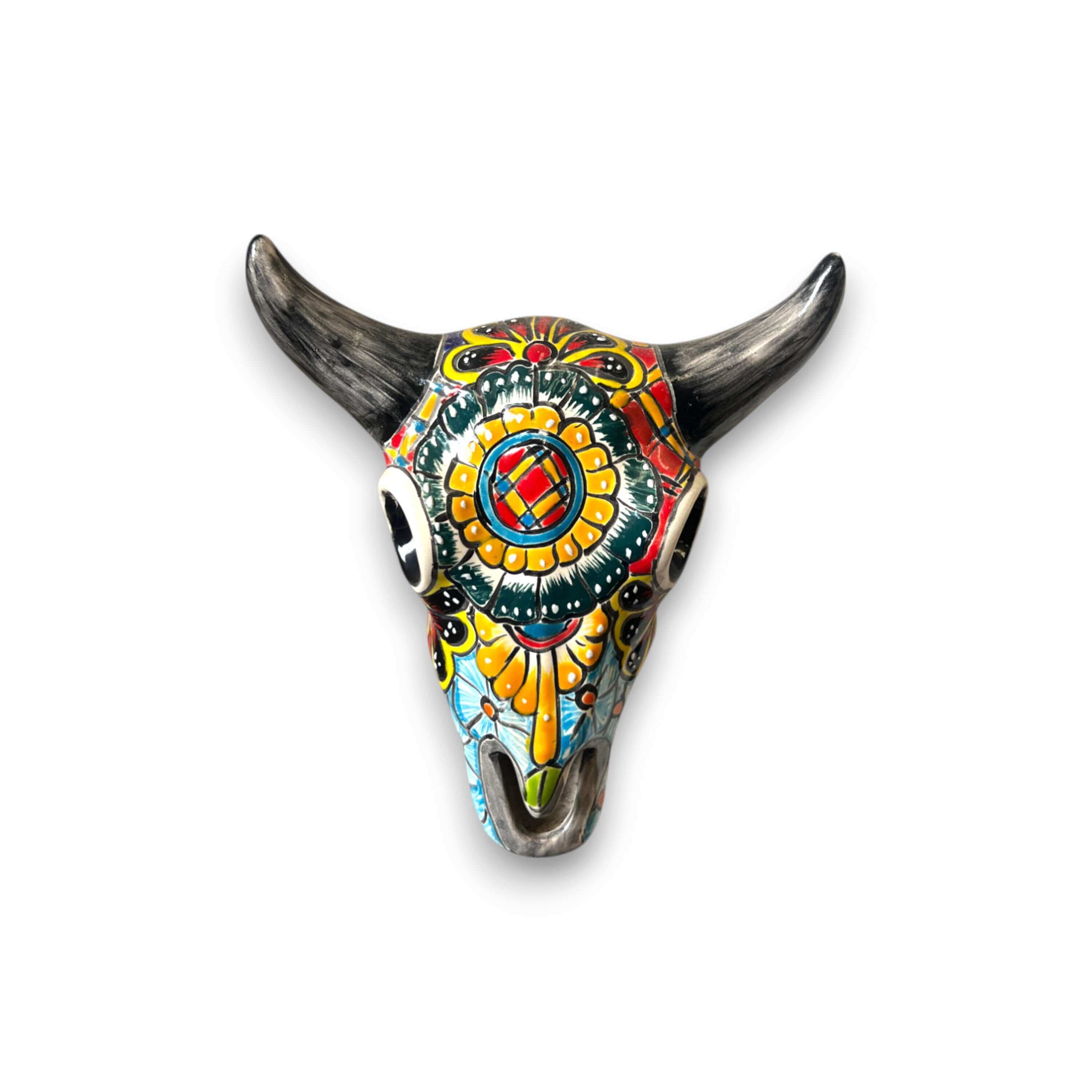 Decoración de pared de calavera de toro de Talavera | Arte mexicano de cuernos largos hecho a mano