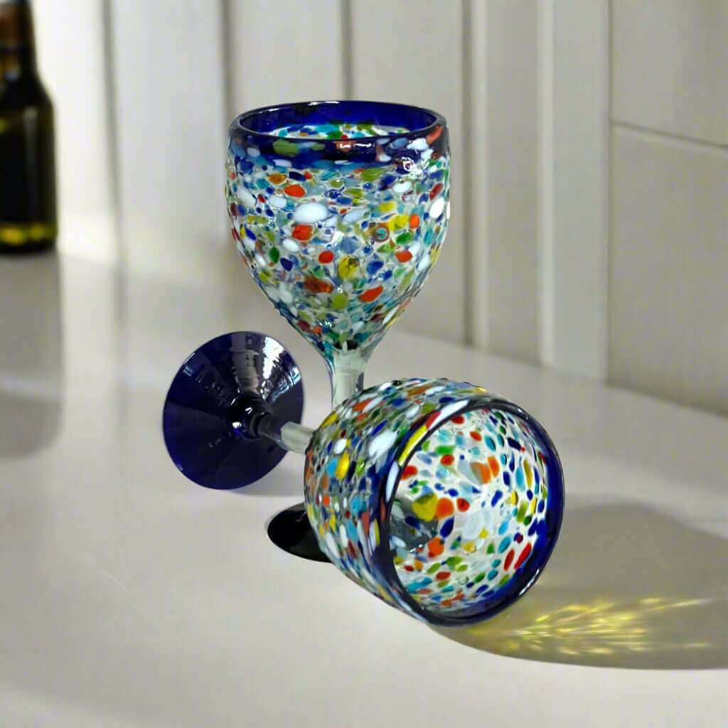 Hand Blown Mexican Wine Glasses | Blue Rim Confetti Design