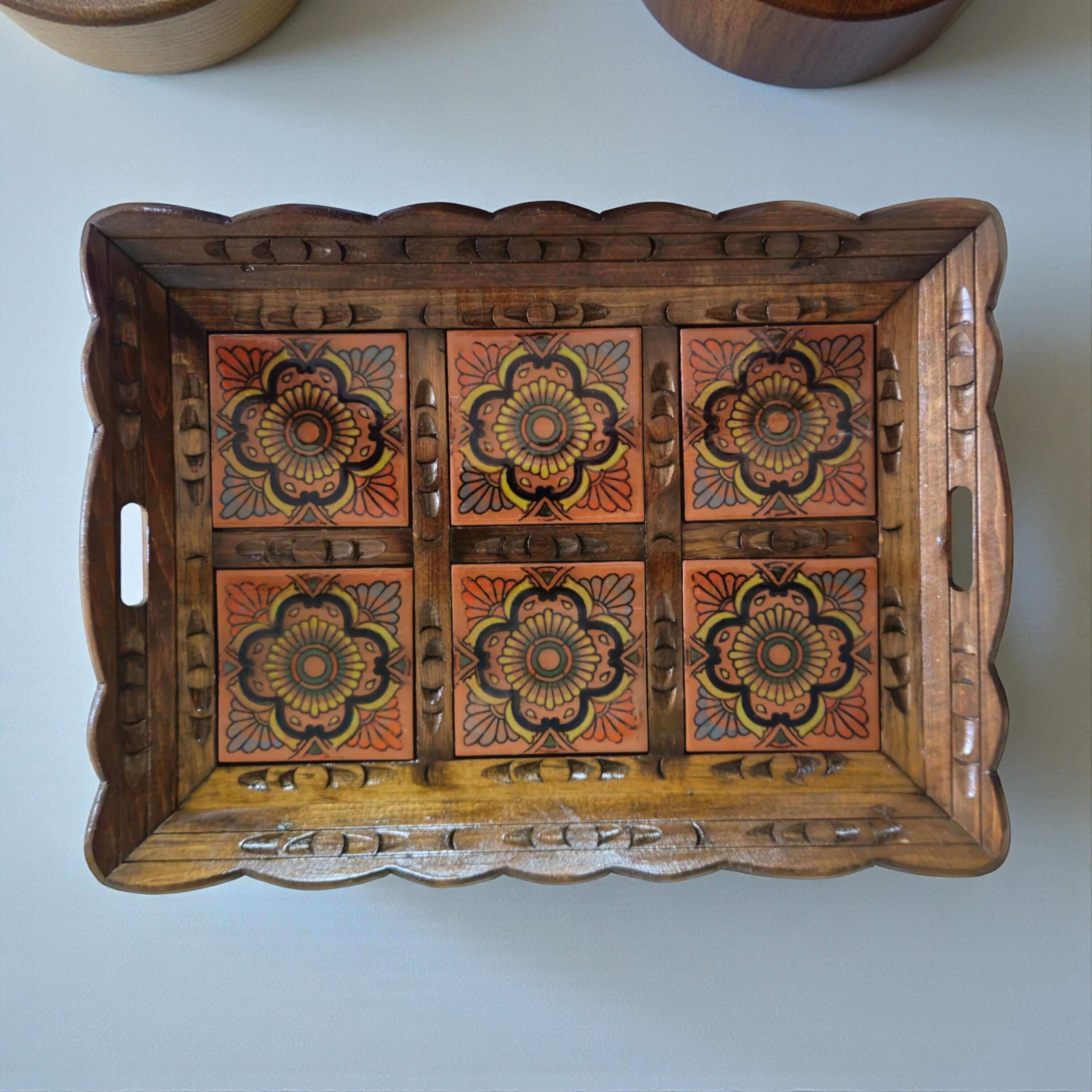 Bandeja de servicio de madera con azulejos de talavera hechos a mano | Bandeja mexicana