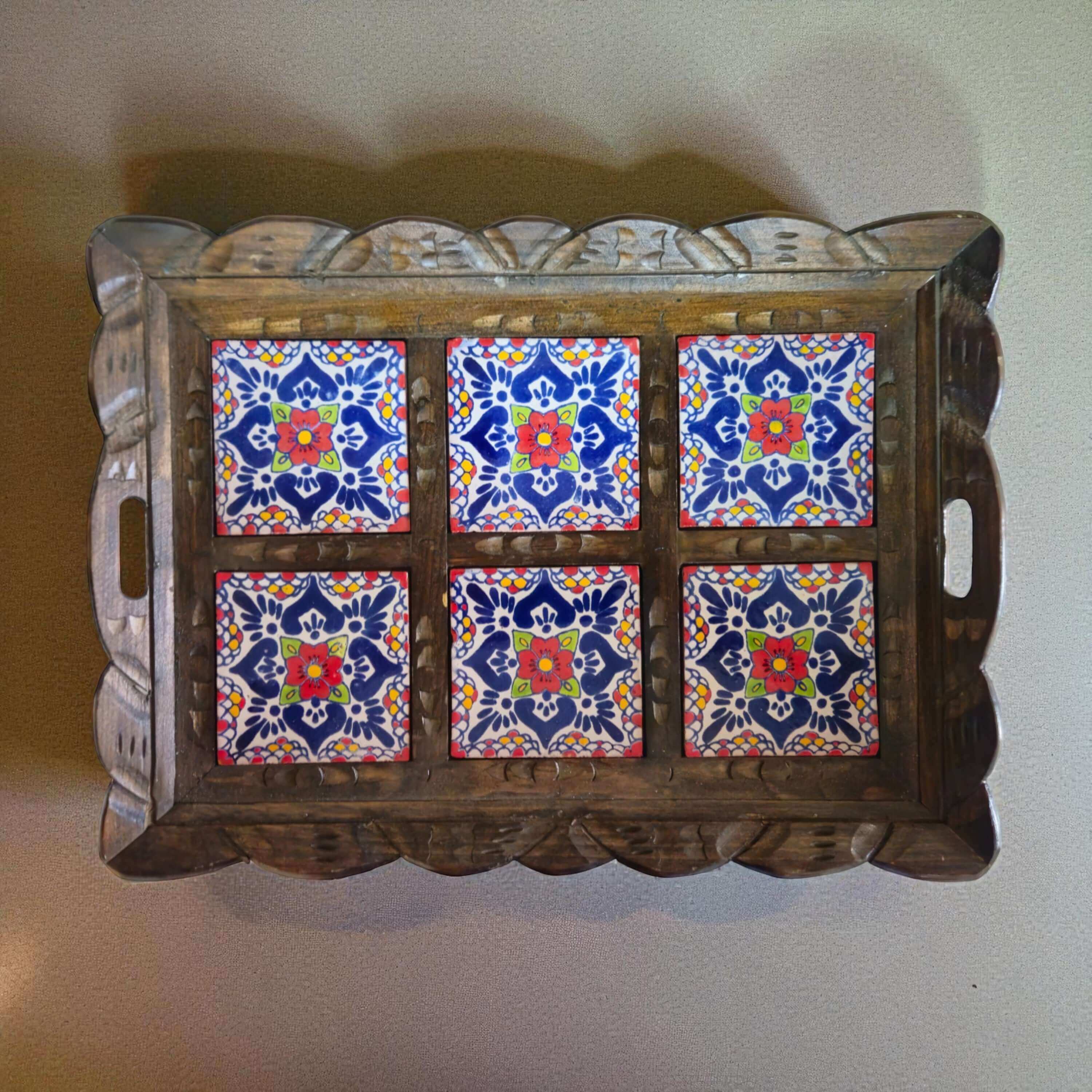 Bandeja de servicio de madera con azulejos de talavera hechos a mano | Bandeja mexicana