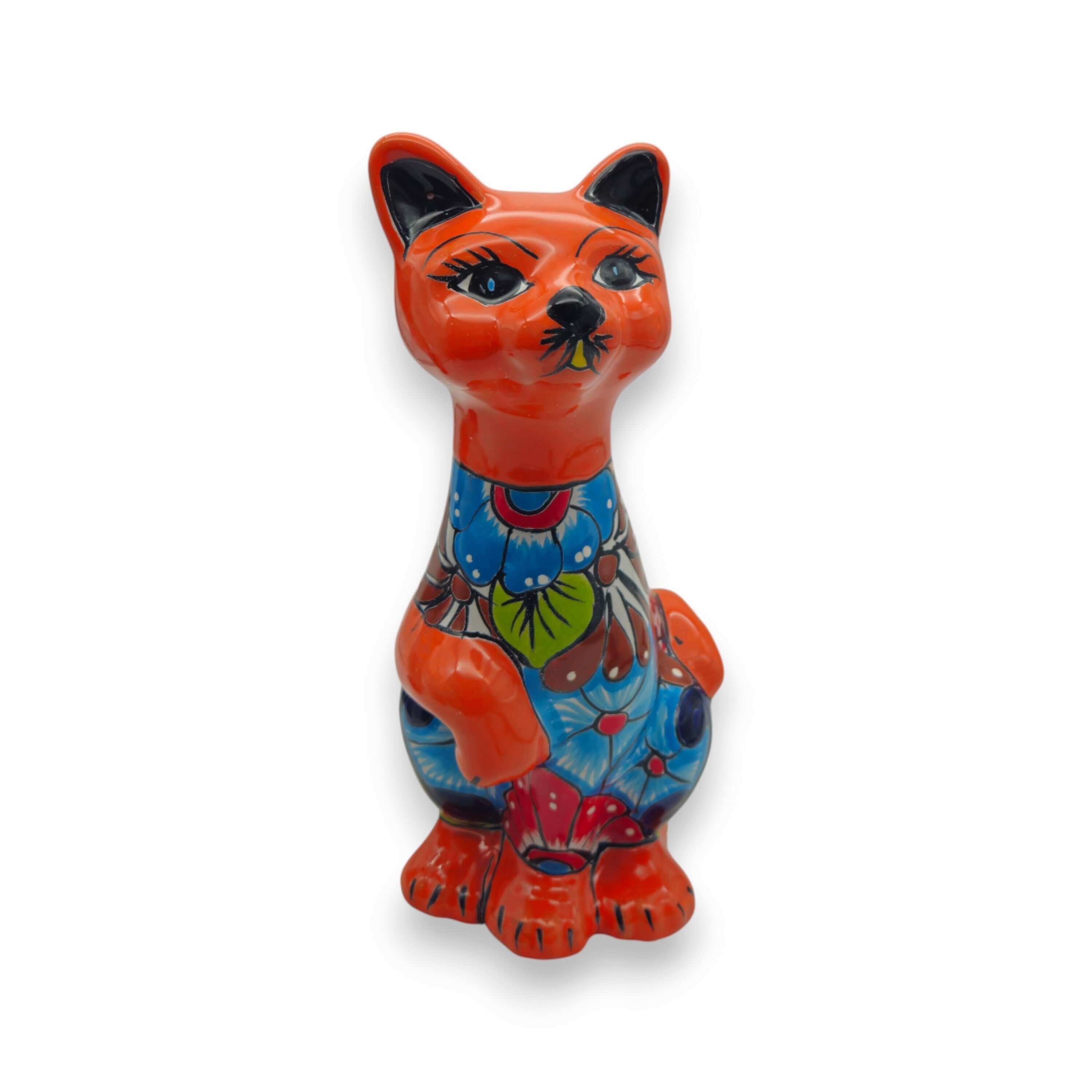 Estatua de Gato de Talavera | Figurilla de Cerámica Mexicana Pintada a Mano
