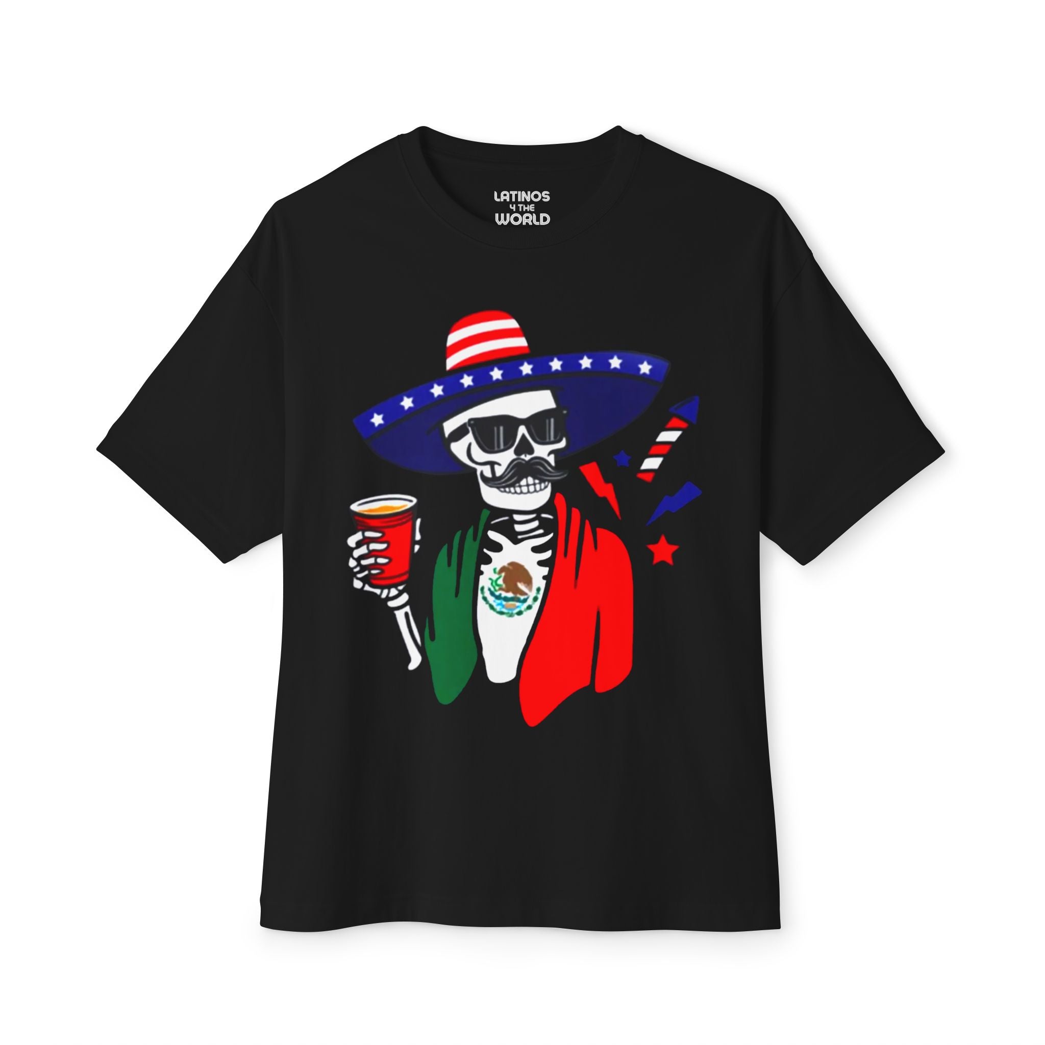 Fiesta Esqueleto México + EE. UU. Camiseta | Camisetas latinas divertidas virales mexicanas + americanas | Unisex - 3 colores | Halloween