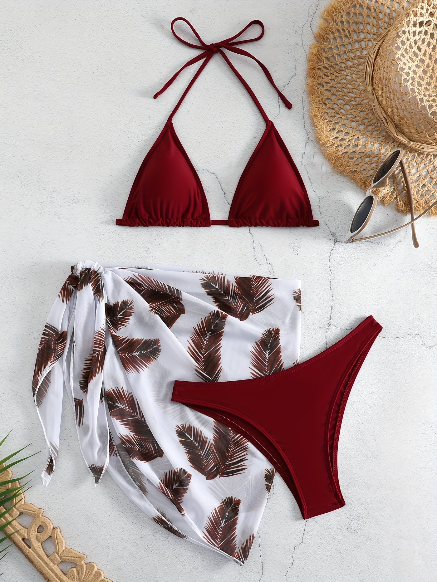 Feather Luxe 3-Piece Bikini Set – Exotic Feather Print Halter Neck Backless Swimsuit with High Cut Tie Back Bottoms and Wrap Cover-Up – Women’s High-Stretch Comfortable Swimwear for Summer Beach & Pool Vacations