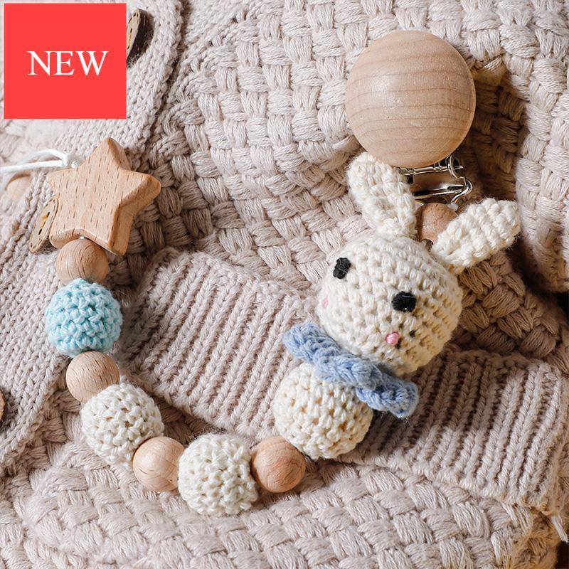 Modern Handmade Pacifier Chain Baby Teething Chains Crochet Rabbit Panda Beads Wooden Clips Wood Tiny Rod For Kids