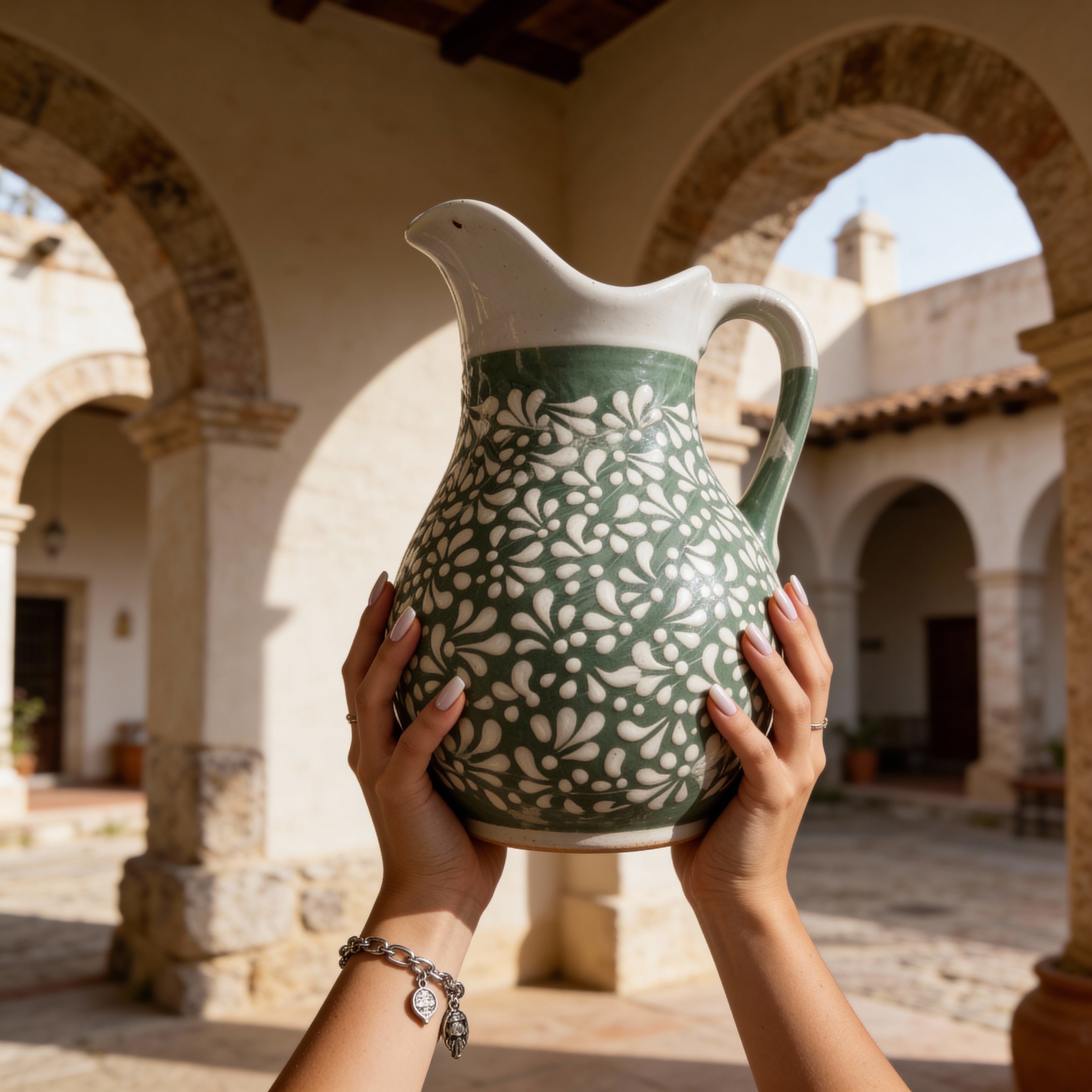 Jarra verde y blanca pintada a mano