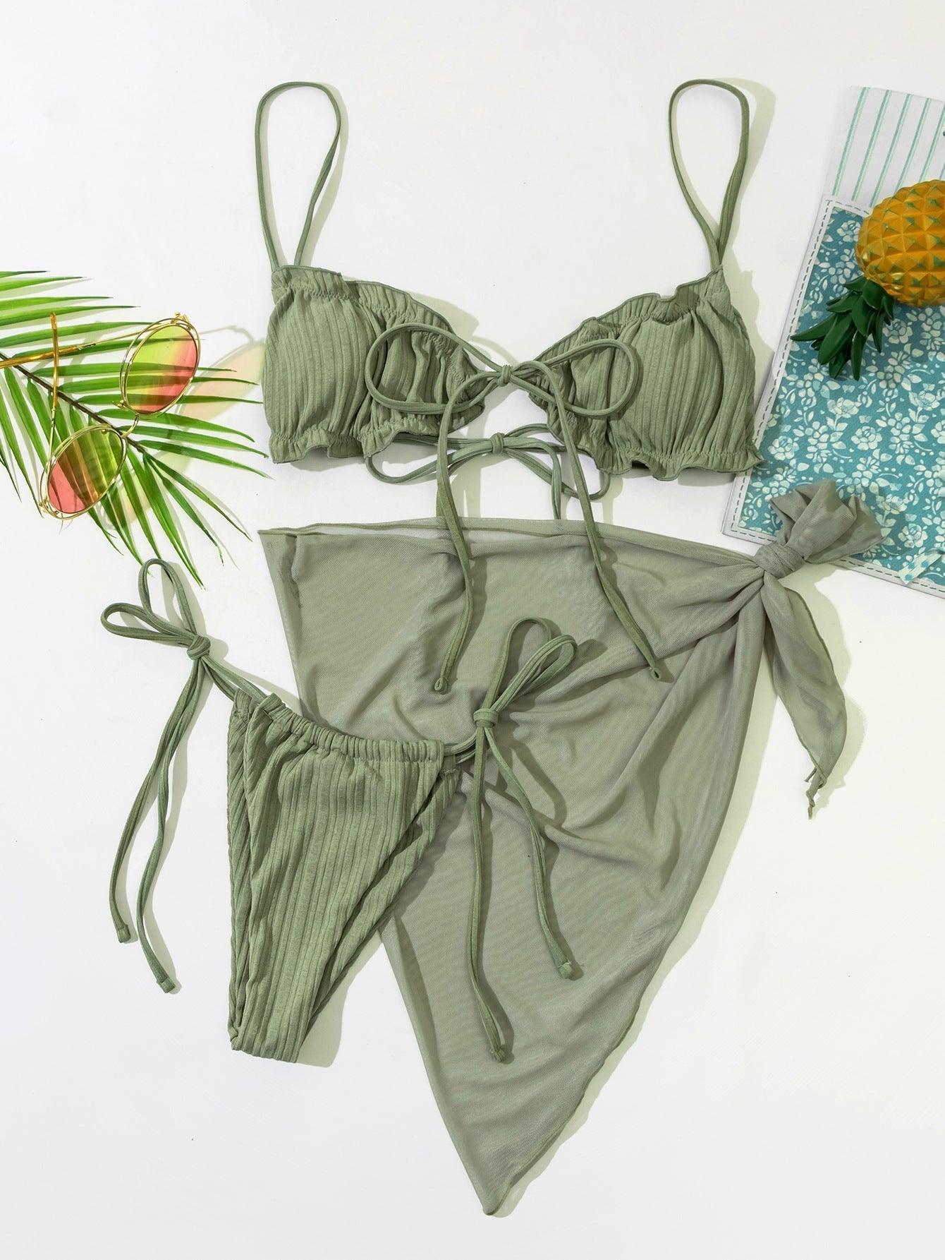 3PCS Ladies Split Swimwear Sets Women Swimsuit Women's Bikini Swimsuits Bikini Set With Wrap Skirt Underwire Swimwear Bathing Suit Chiffon Cover Up Bikini Ruffles Lace-up Mesh Cover Ups Bikinis Set