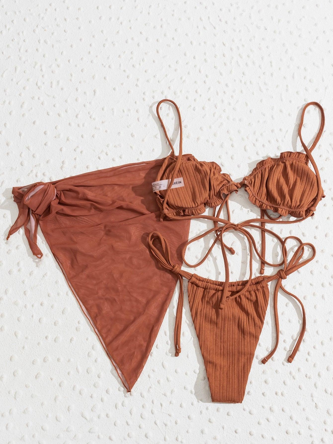 3PCS Ladies Split Swimwear Sets Women Swimsuit Women's Bikini Swimsuits Bikini Set With Wrap Skirt Underwire Swimwear Bathing Suit Chiffon Cover Up Bikini Ruffles Lace-up Mesh Cover Ups Bikinis Set