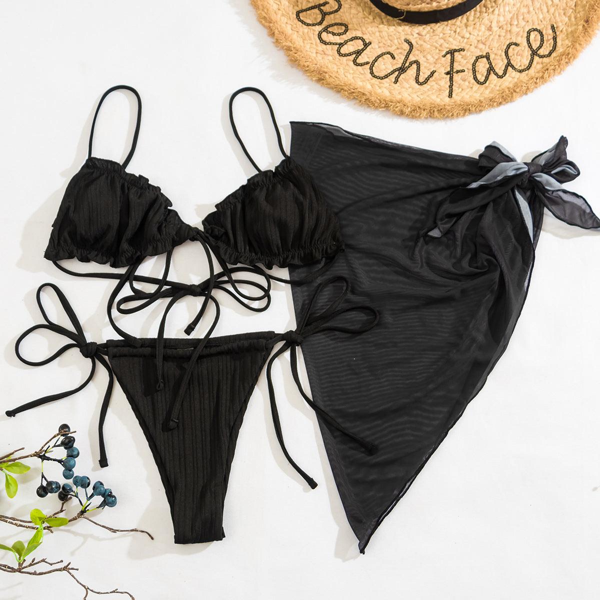 3PCS Ladies Split Swimwear Sets Women Swimsuit Women's Bikini Swimsuits Bikini Set With Wrap Skirt Underwire Swimwear Bathing Suit Chiffon Cover Up Bikini Ruffles Lace-up Mesh Cover Ups Bikinis Set