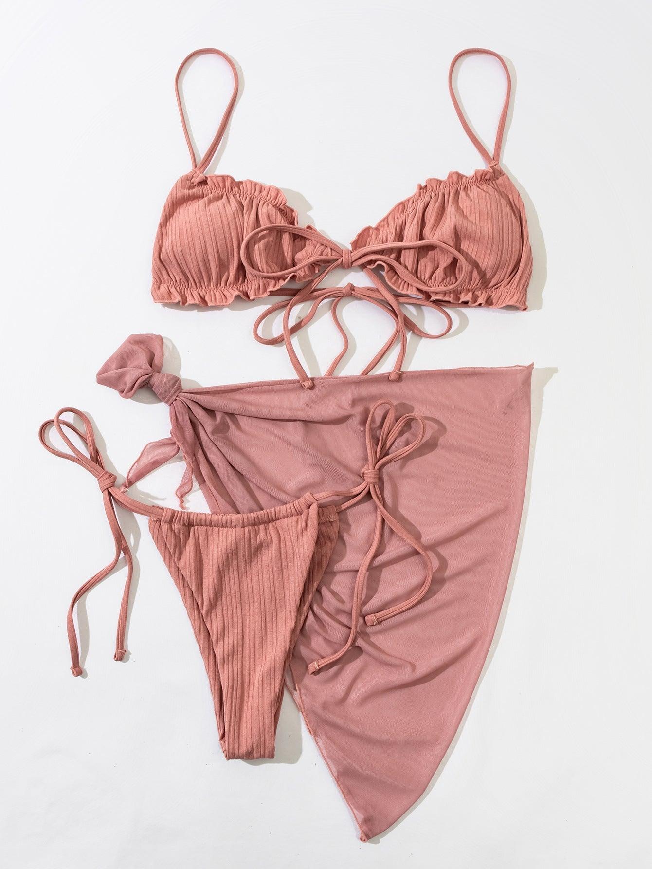 3PCS Ladies Split Swimwear Sets Women Swimsuit Women's Bikini Swimsuits Bikini Set With Wrap Skirt Underwire Swimwear Bathing Suit Chiffon Cover Up Bikini Ruffles Lace-up Mesh Cover Ups Bikinis Set
