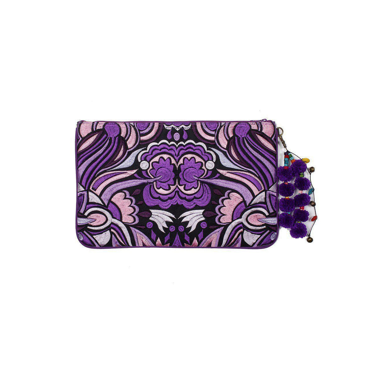 Soila Embroidered Pom Pom Clutch Boho Artisan Tablet Sleeve Fair Trade - Thailand