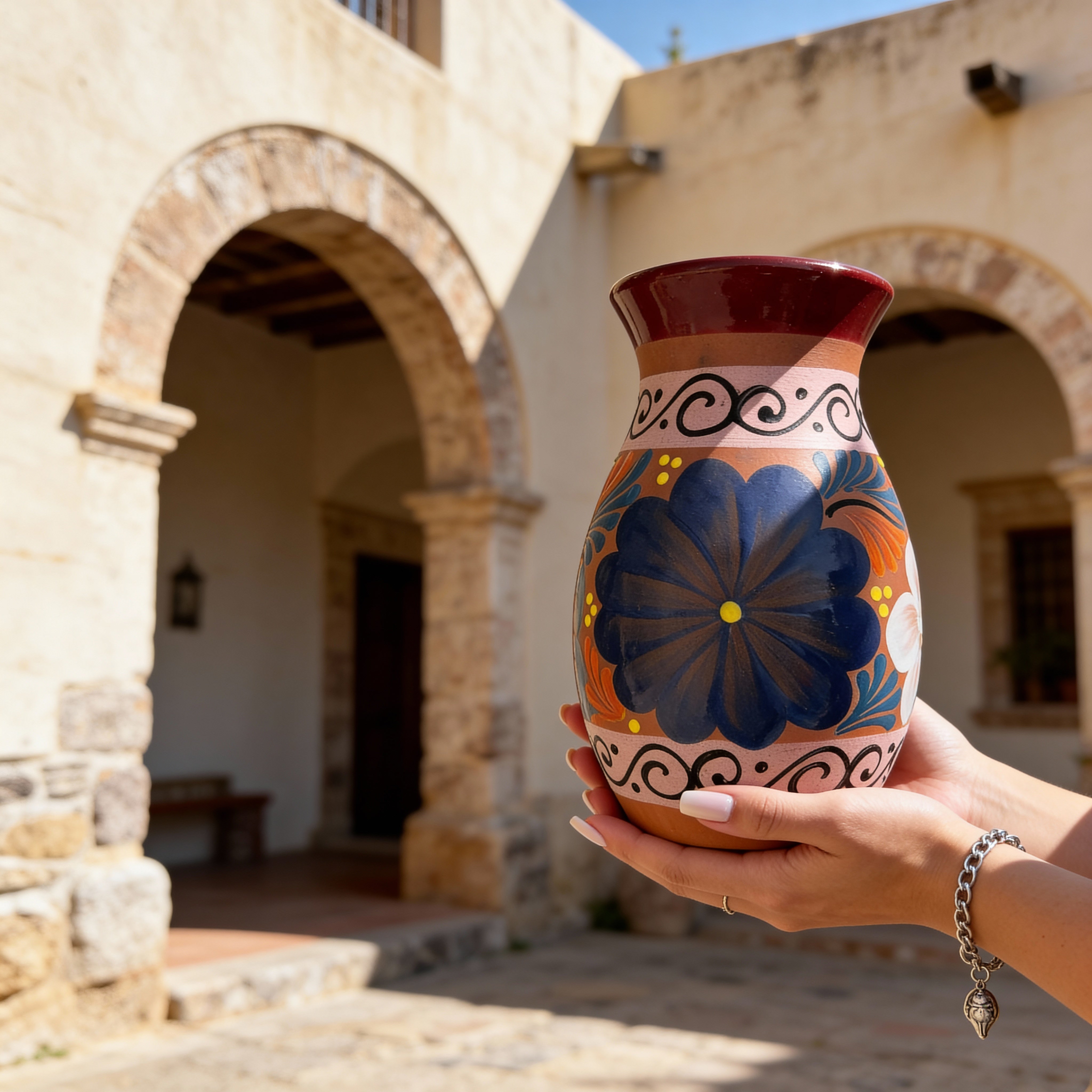 Jarrón de flores mexicano pintado a mano