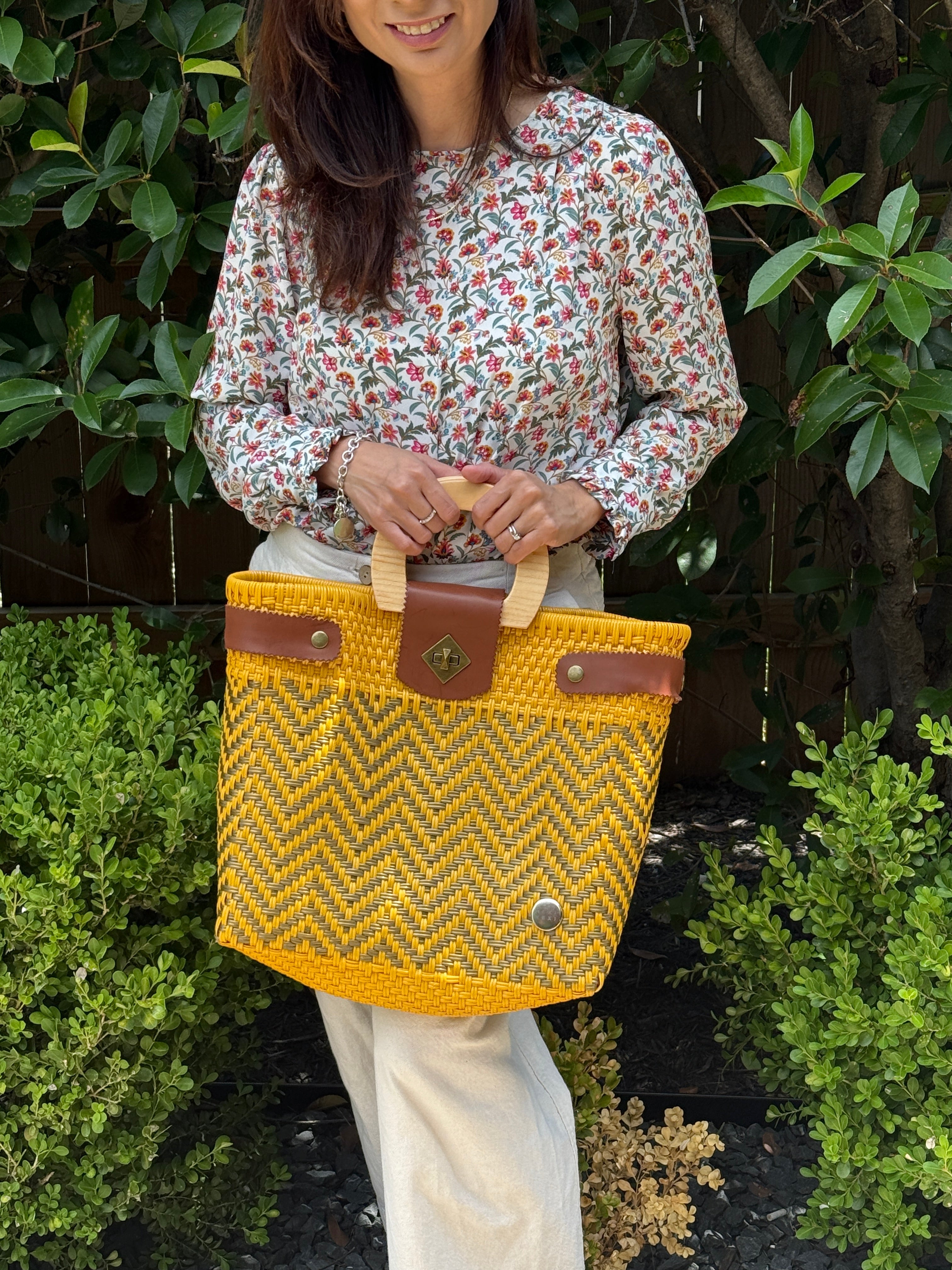 Yellow & Gold Chevron Mexican Tote Wood Handles