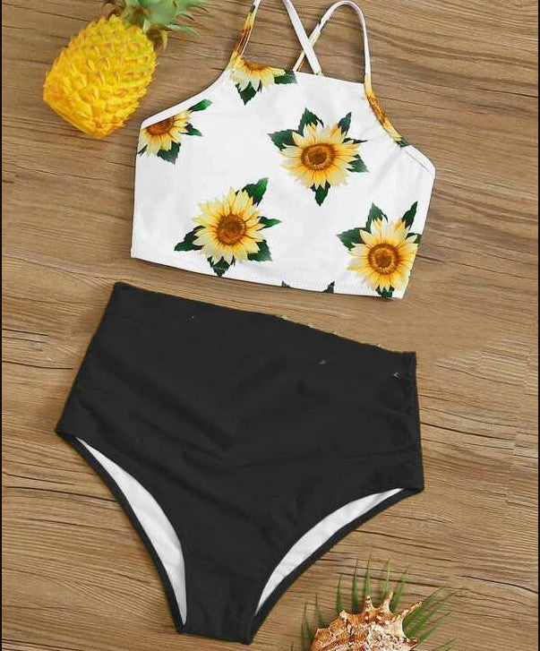 High Waist Bikini Sunflower Swimsuit Women Bikini Floral Swimsuit Floral Crop Tie Knot Front High Waist Bikini Set Two Piece Swimsuit For Women Summer High Waisted Bathing Suit