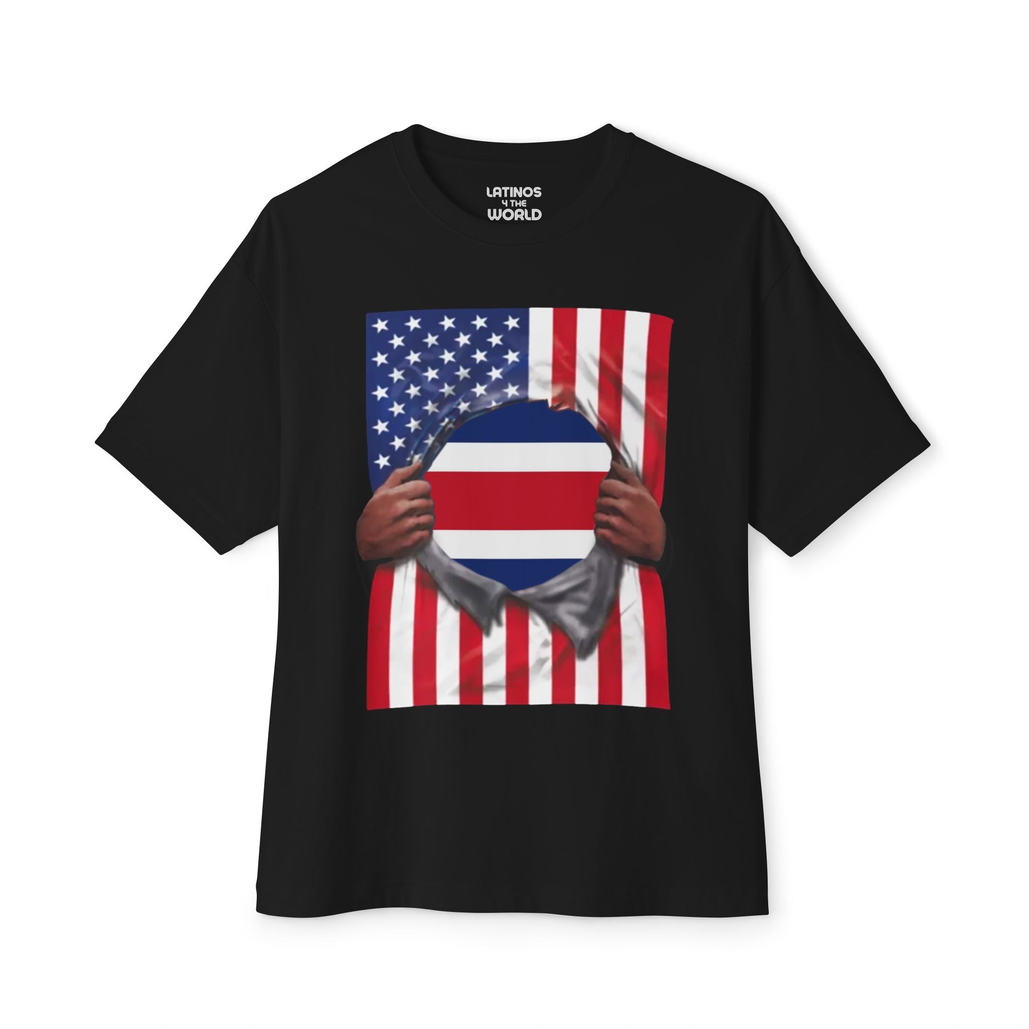 Camiseta del orgullo de la bandera de Costa Rica + la bandera de EE. UU. | Bandera de Costa Rica + Bandera de Estados Unidos rasgada 4 de julio | Camisetas latinas virales divertidas | Unisex - 4 Colores