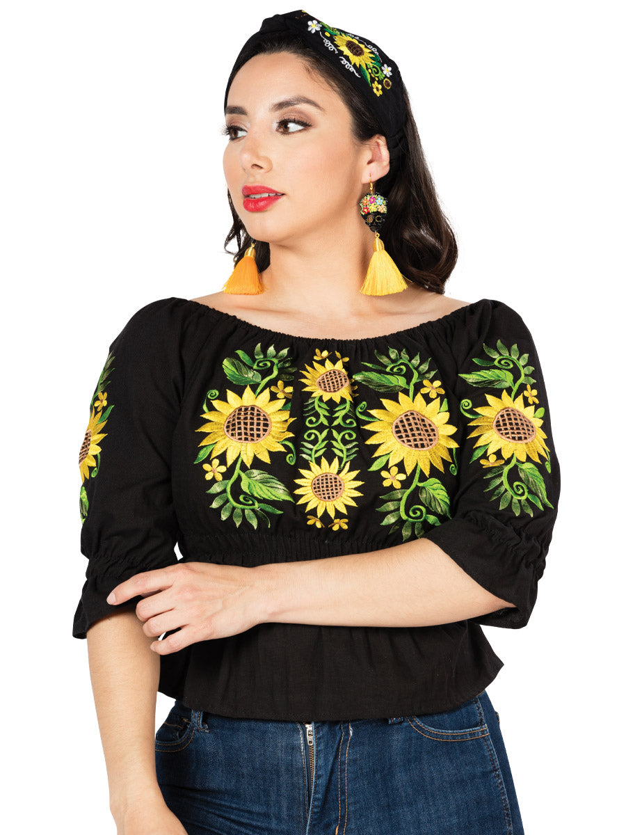 Artisanal Embroidered Blouse 100% Cotton Black 603047