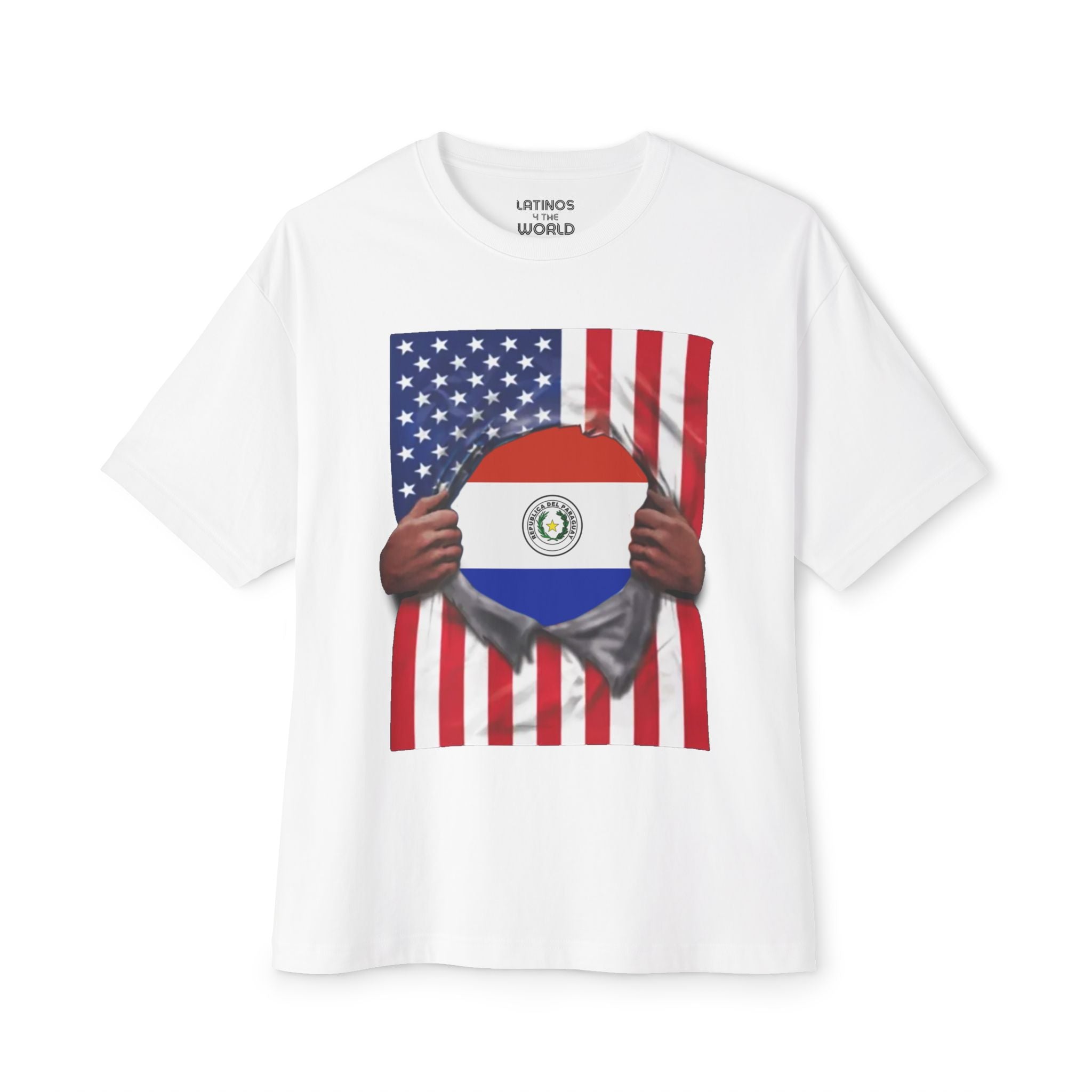 Bandera de Paraguay + Bandera de EE. UU. Camiseta del Orgullo | Bandera paraguaya + americana rasgada 4 de julio | Camisetas latinas virales divertidas | Unisex - 4 colores