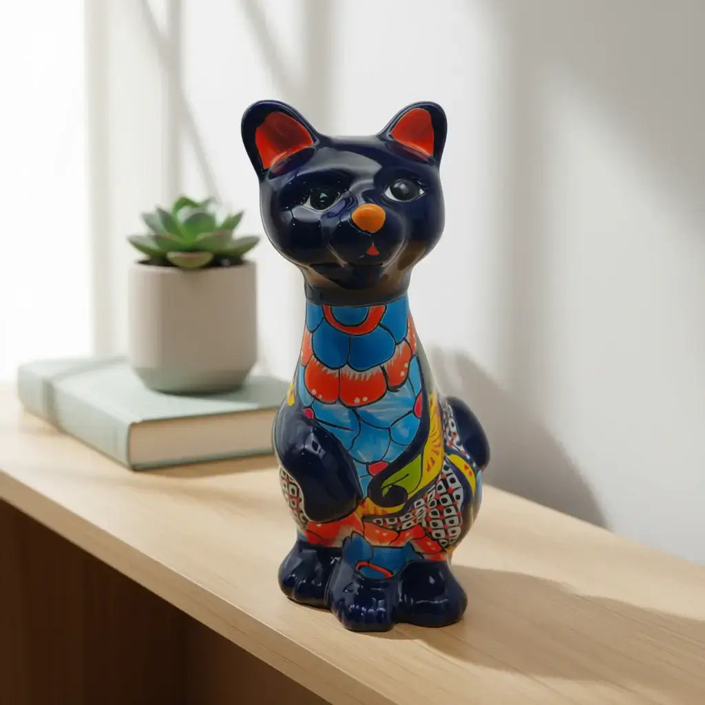 Estatua de Gato de Talavera | Figurilla de Cerámica Mexicana Pintada a Mano