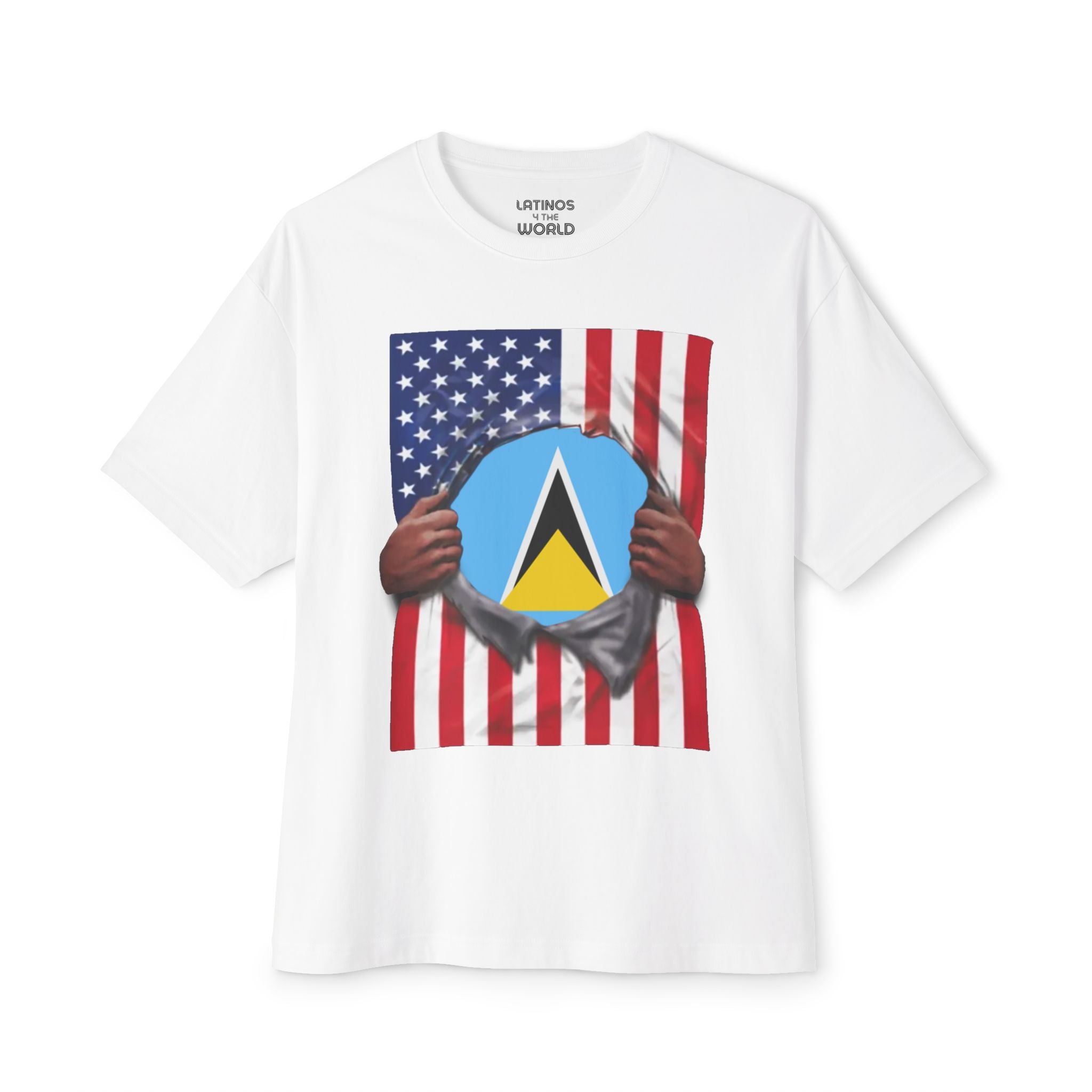 Camiseta de Santa Lucía + Bandera de EE. UU. | Desgarro de Bandera de Santa Lucía + Americana 4 de Julio | Camisetas Latinas Divertidas | 4 Colores