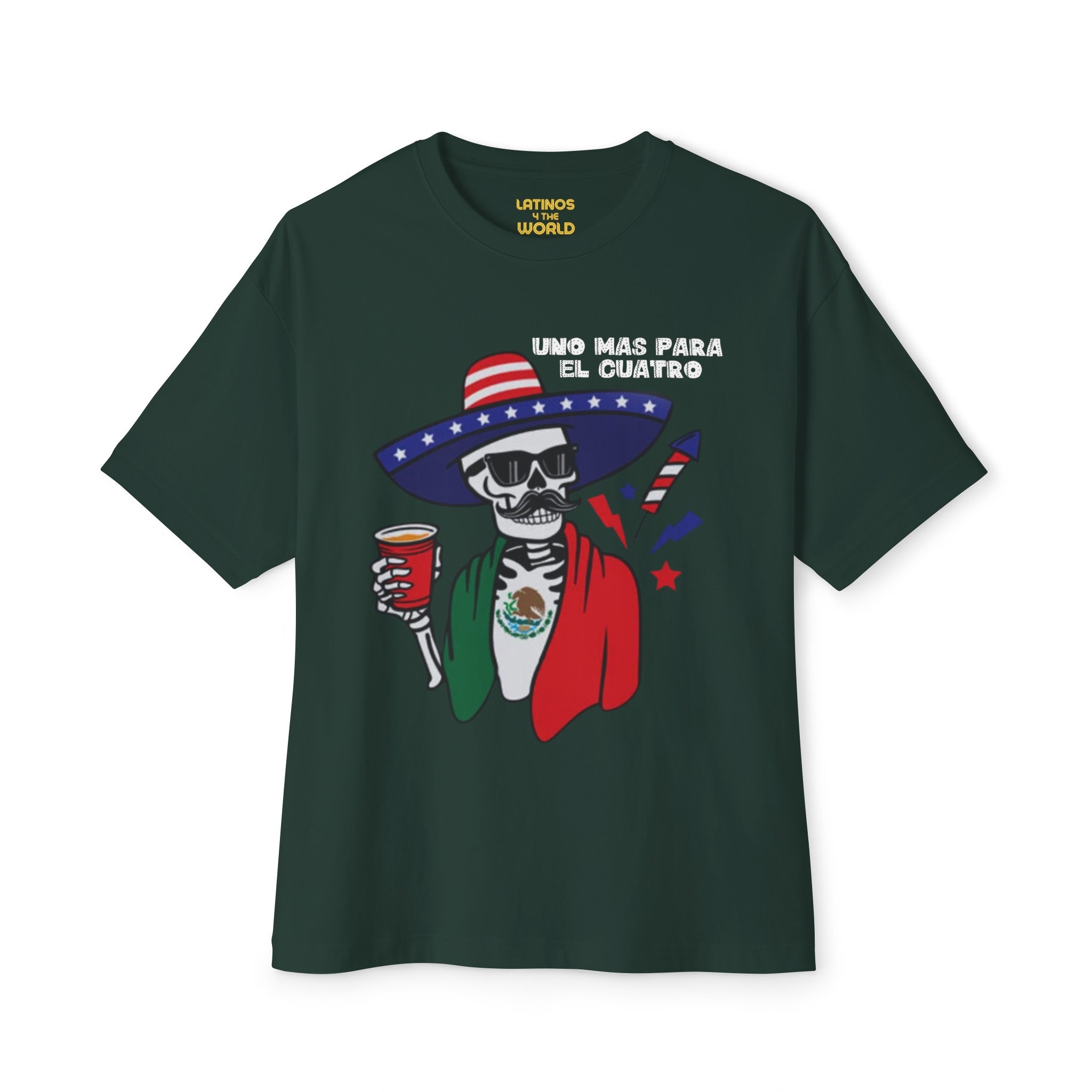 Camiseta de calavera Uno Más Para El Cuatro | Camisetas latinas divertidas y virales del 4 de julio México | Unisex - 3 colores
