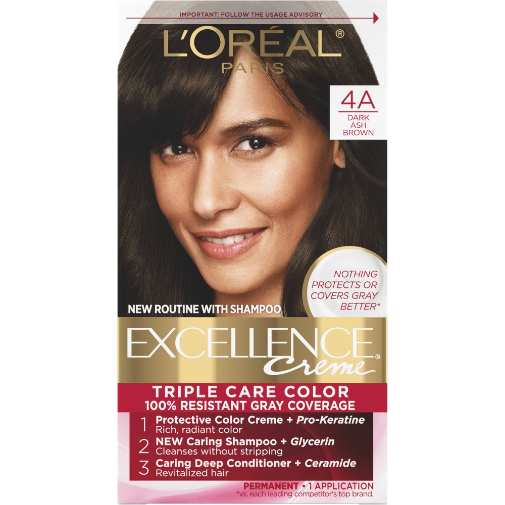 Tinte permanente L'Oréal Paris Excellence Triple Protección - 4A Castaño Ceniza Oscuro (6.3 fl oz)